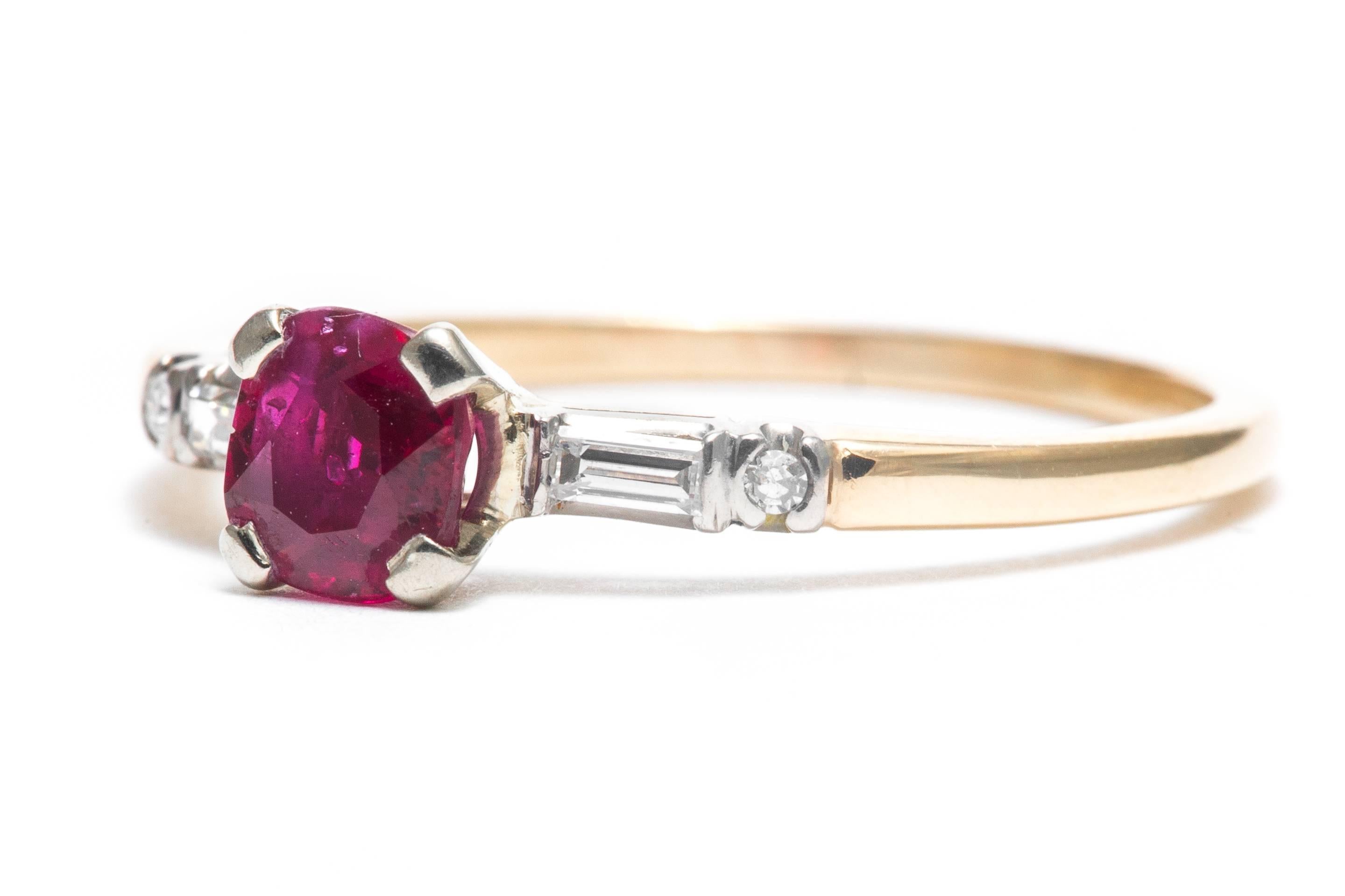 Mid-Century Ruby Baguette Diamond Yellow Gold Platinum Ring In Excellent Condition In Boston, MA