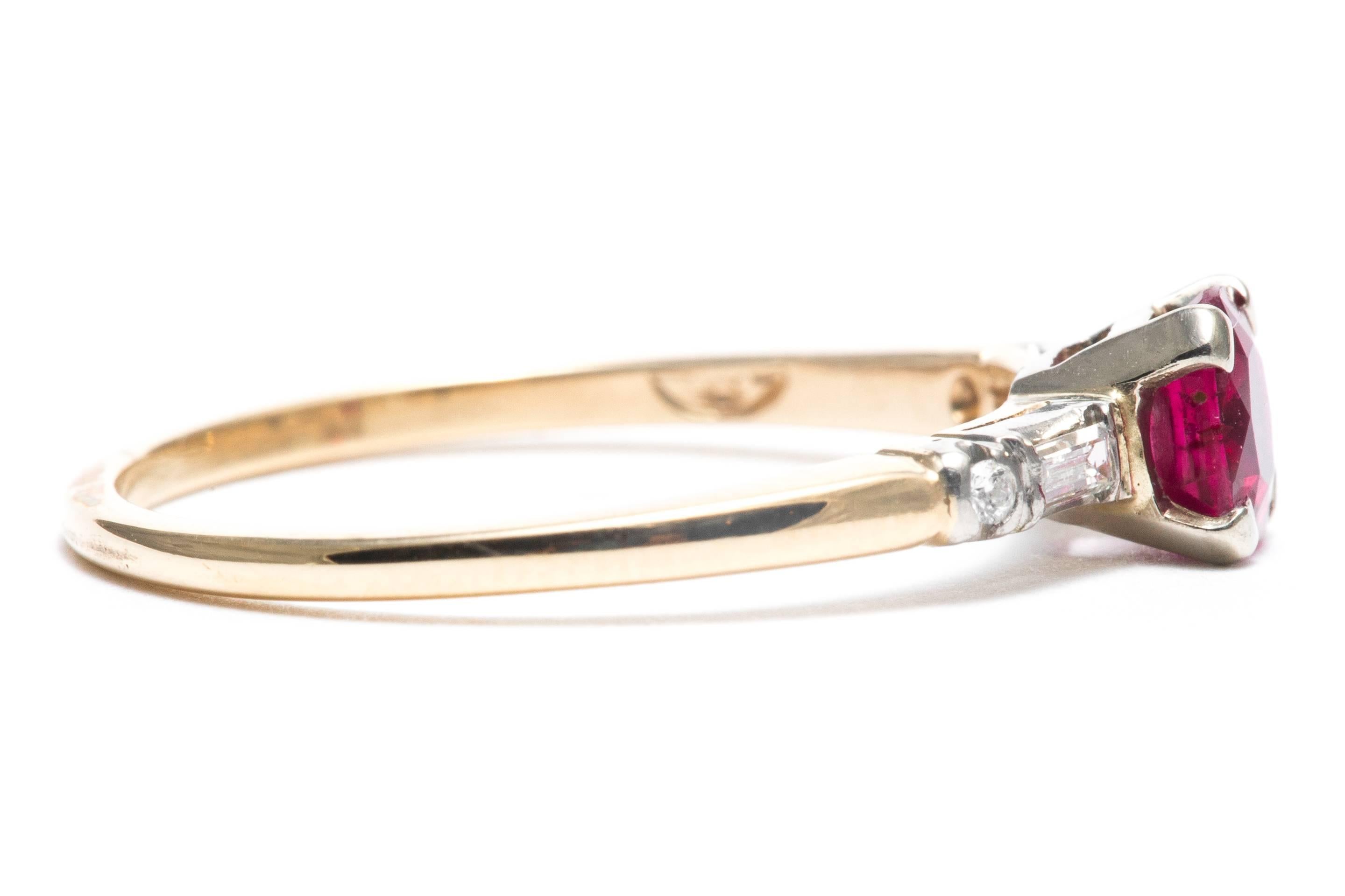Women's Mid-Century Ruby Baguette Diamond Yellow Gold Platinum Ring
