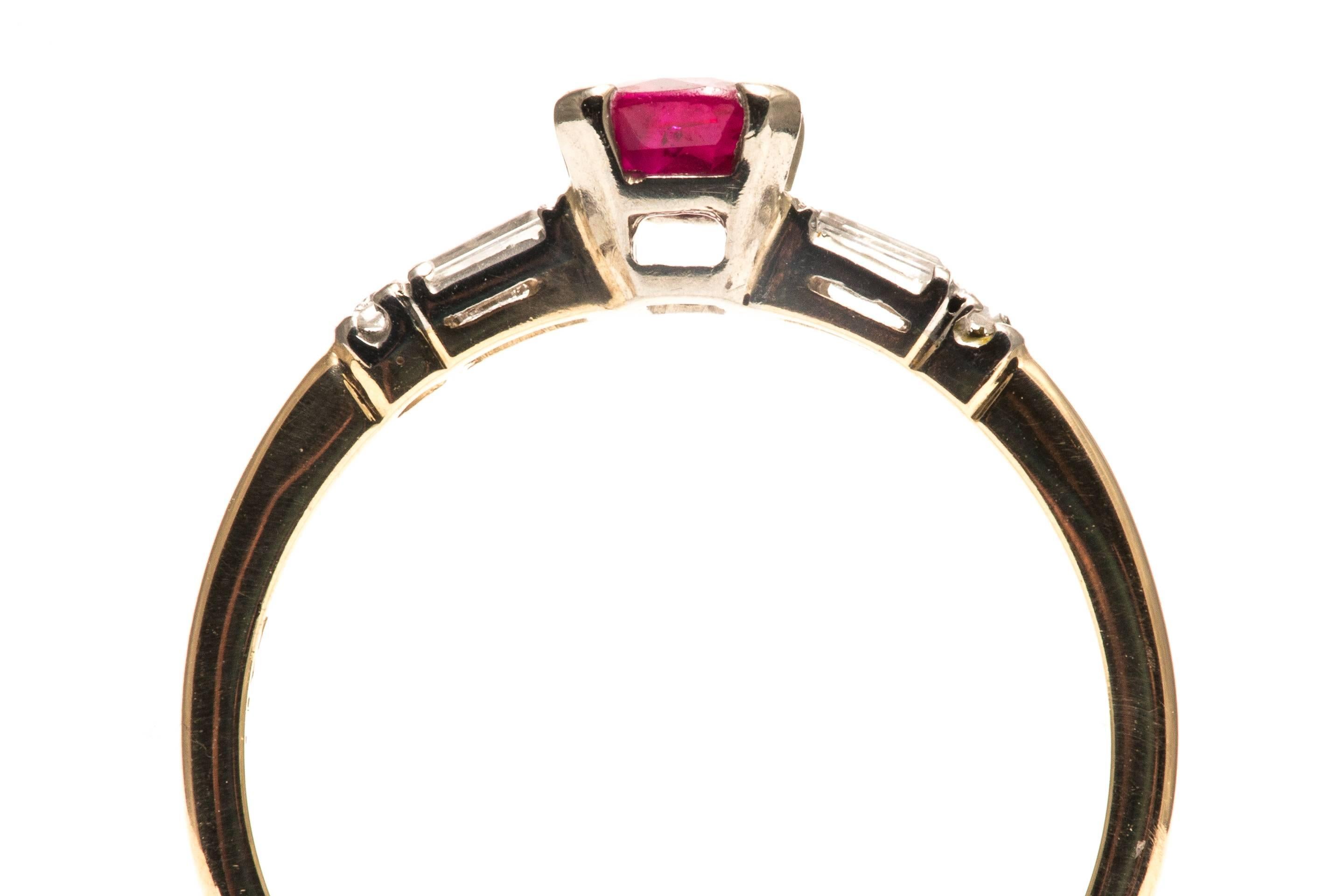 Mid-Century Ruby Baguette Diamond Yellow Gold Platinum Ring 1