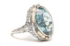 Art Deco Blue Spinel Pearl White Gold Filigree Floral Motif Ring
