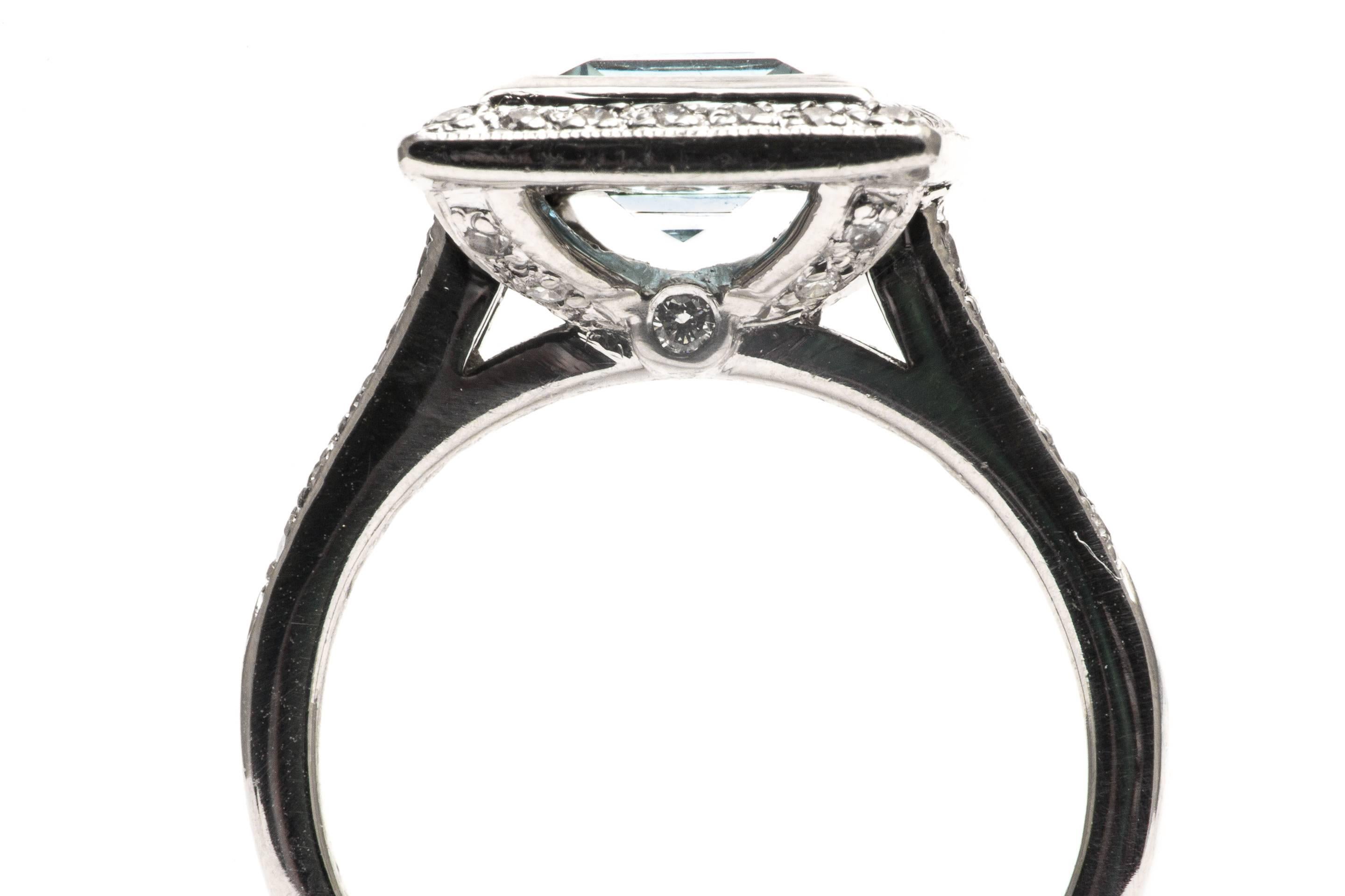 Step Cut Aquamarine Diamond Platinum Ring For Sale 1