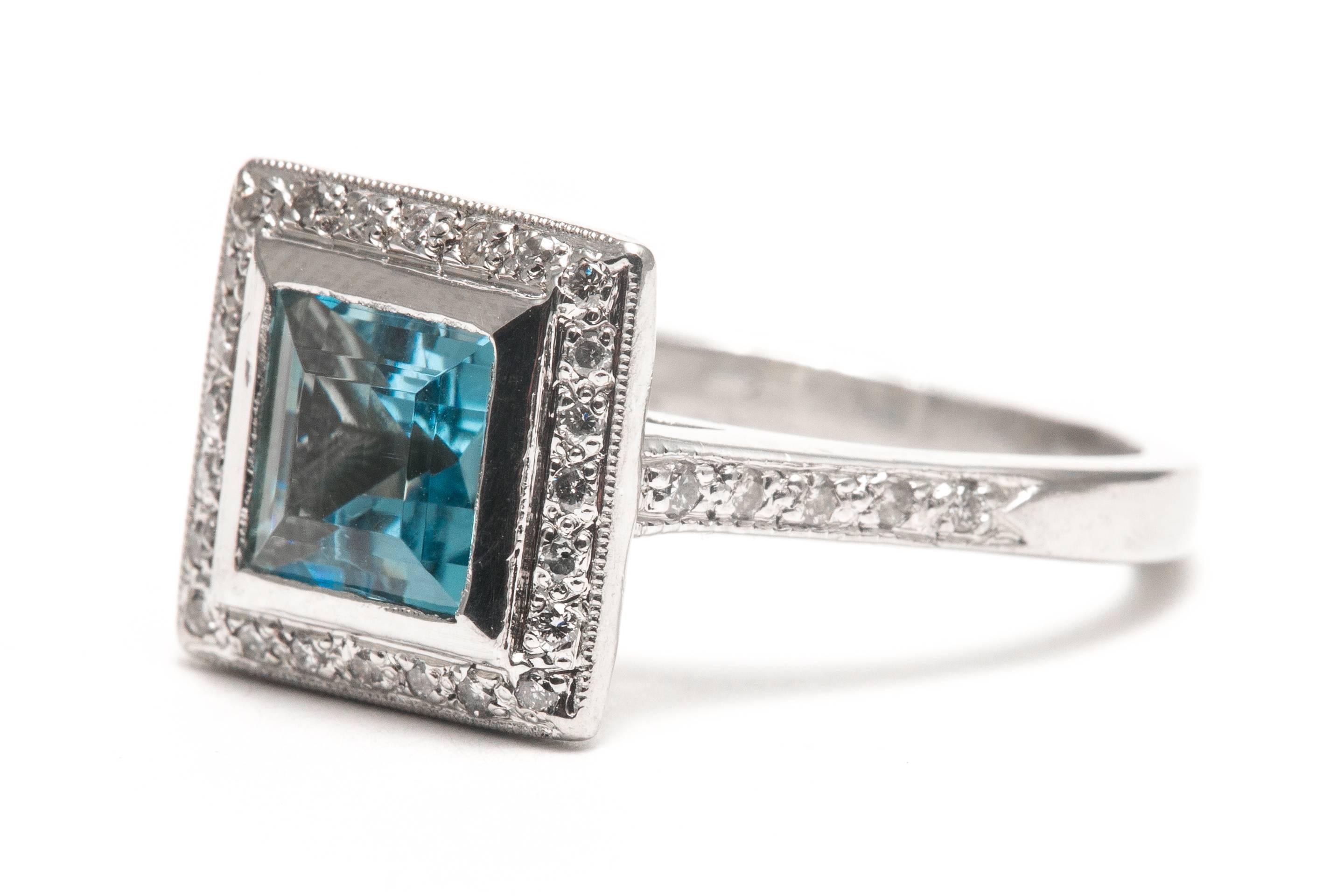 Step Cut Aquamarine Diamond Platinum Ring In Excellent Condition For Sale In Boston, MA