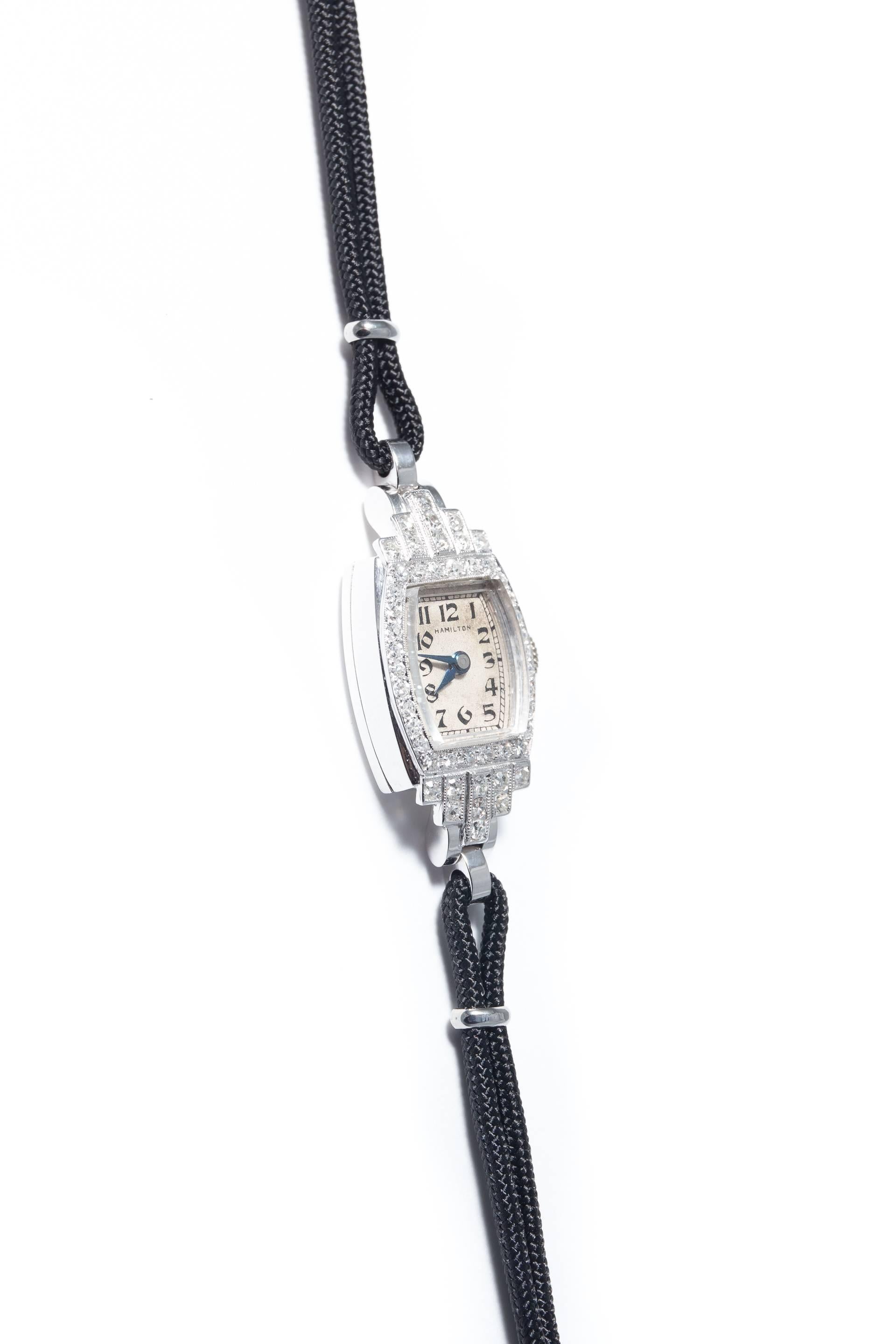 Hamilton Ladies Platinum Diamond Art Deco Wristwatch In Excellent Condition For Sale In Boston, MA