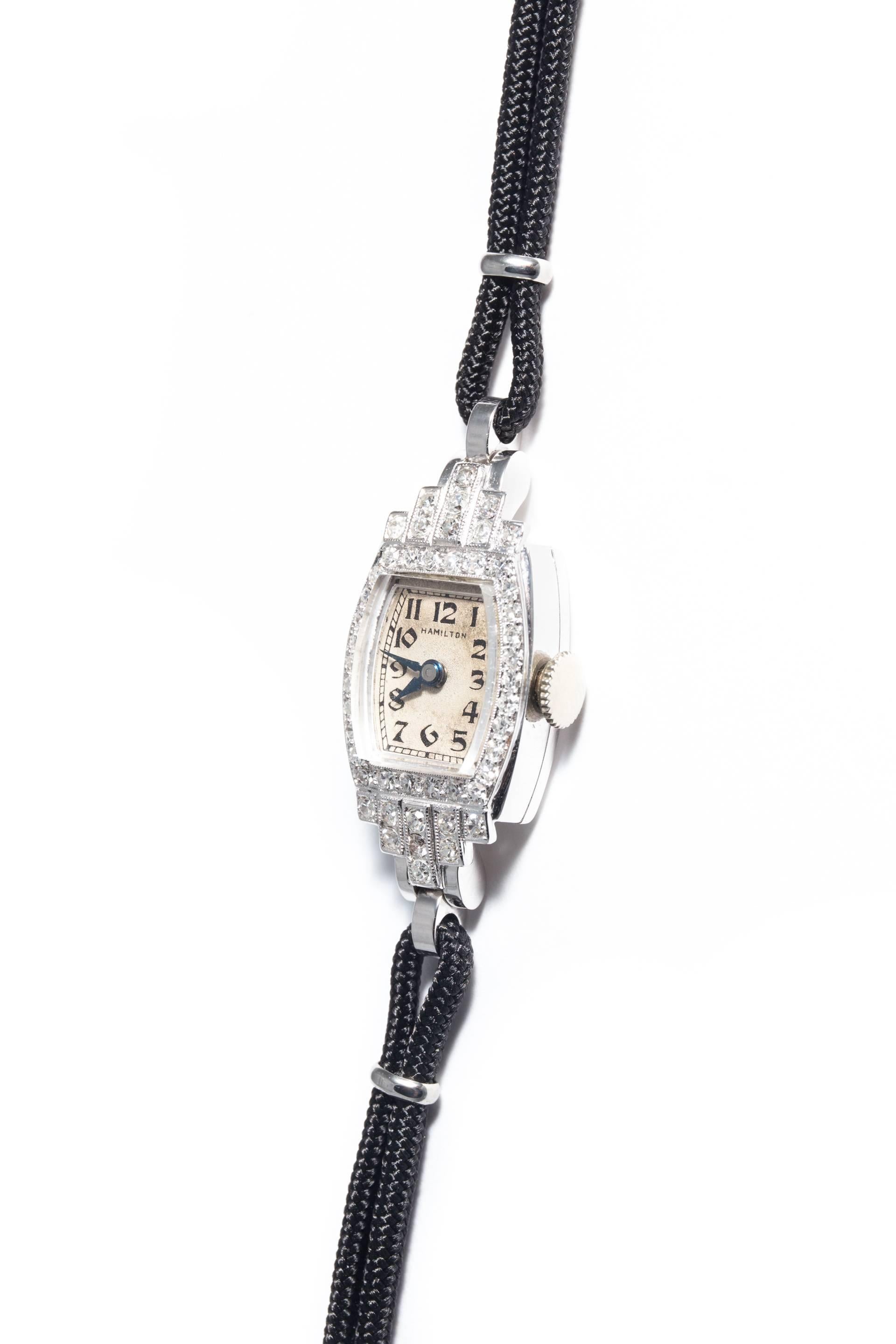 Women's Hamilton Ladies Platinum Diamond Art Deco Wristwatch For Sale