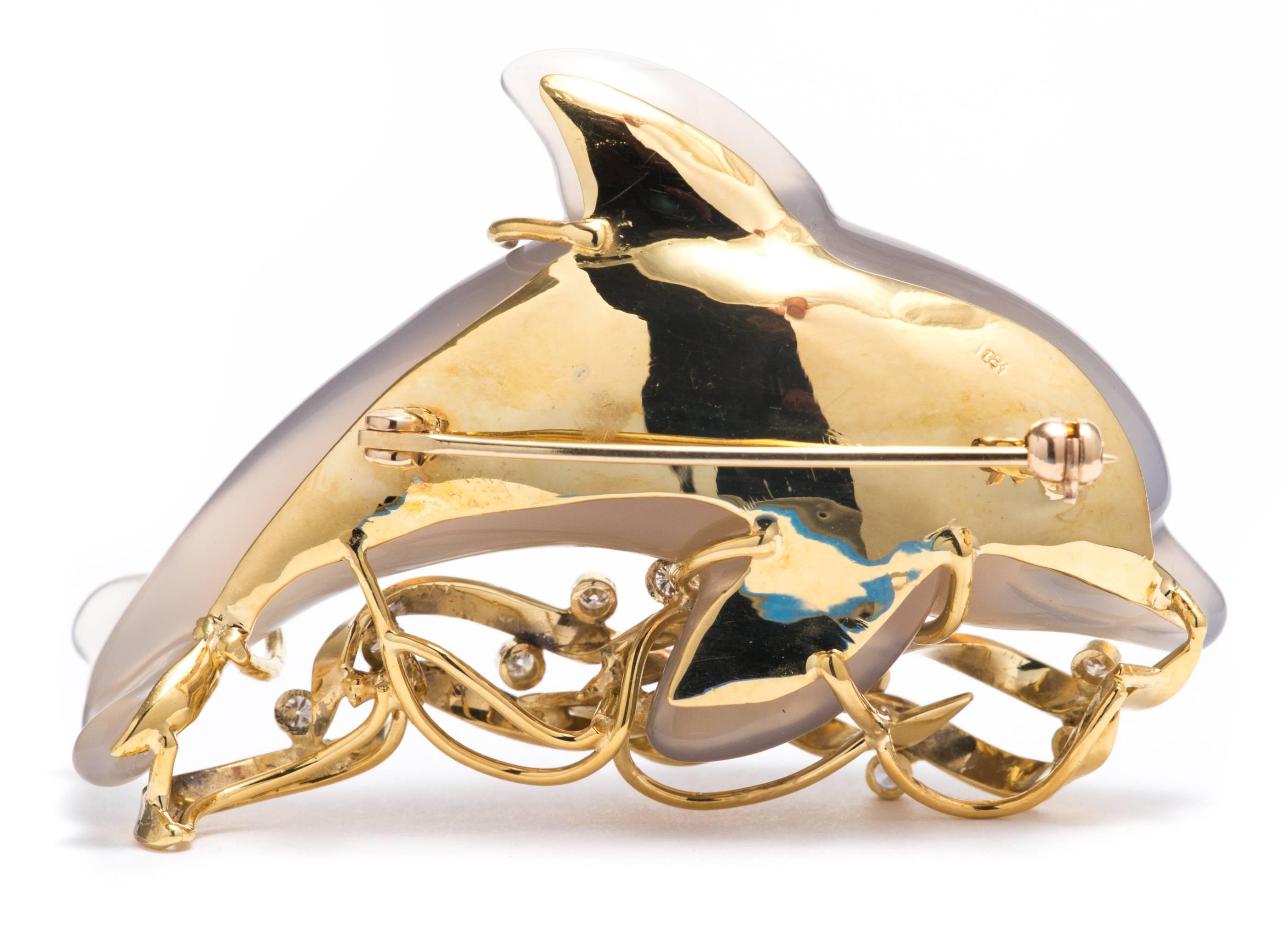 Women's Diamond Gold Swimming Dolphin Brooch For Sale