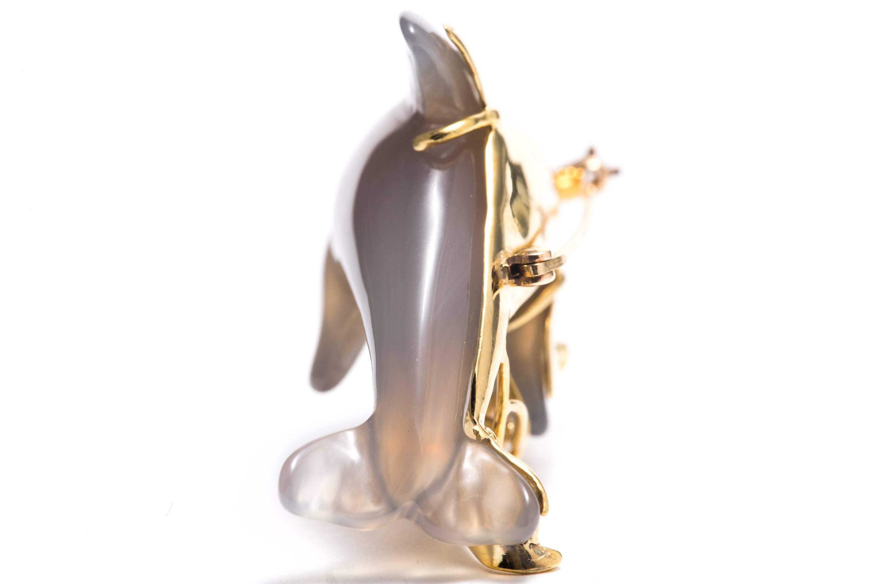 Diamond Gold Swimming Dolphin Brooch For Sale 2