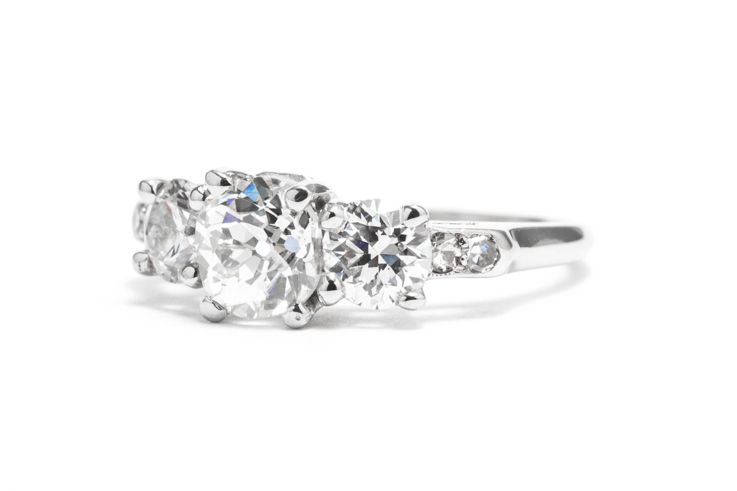 Art Deco 1 Carat European Cut Diamond Platinum Three Stone Ring In Excellent Condition For Sale In Boston, MA