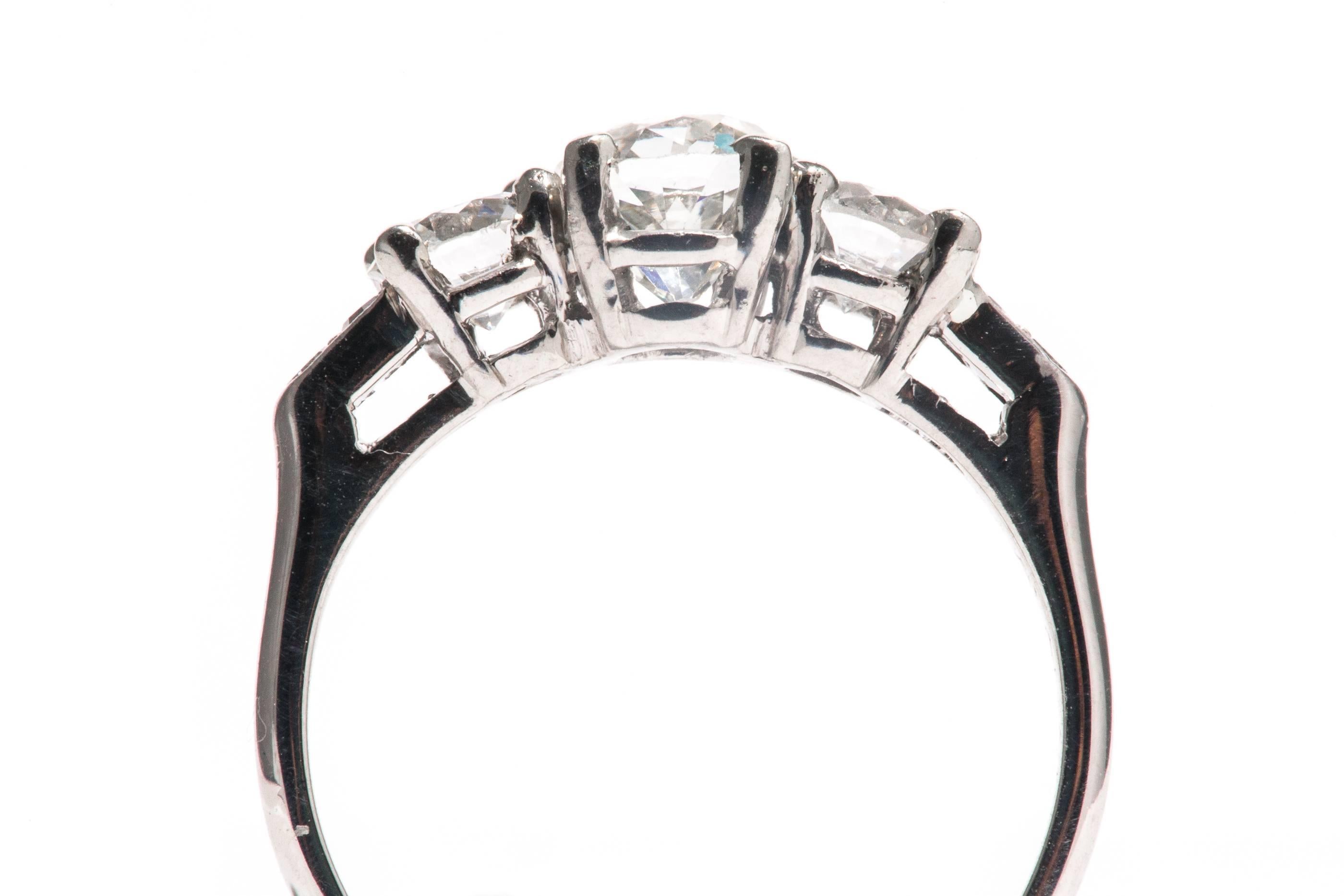 Art Deco 1 Carat European Cut Diamond Platinum Three Stone Ring For Sale 1