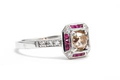 Sparkling European Cut Champagne Diamond Ruby Platinum Engagement Ring in