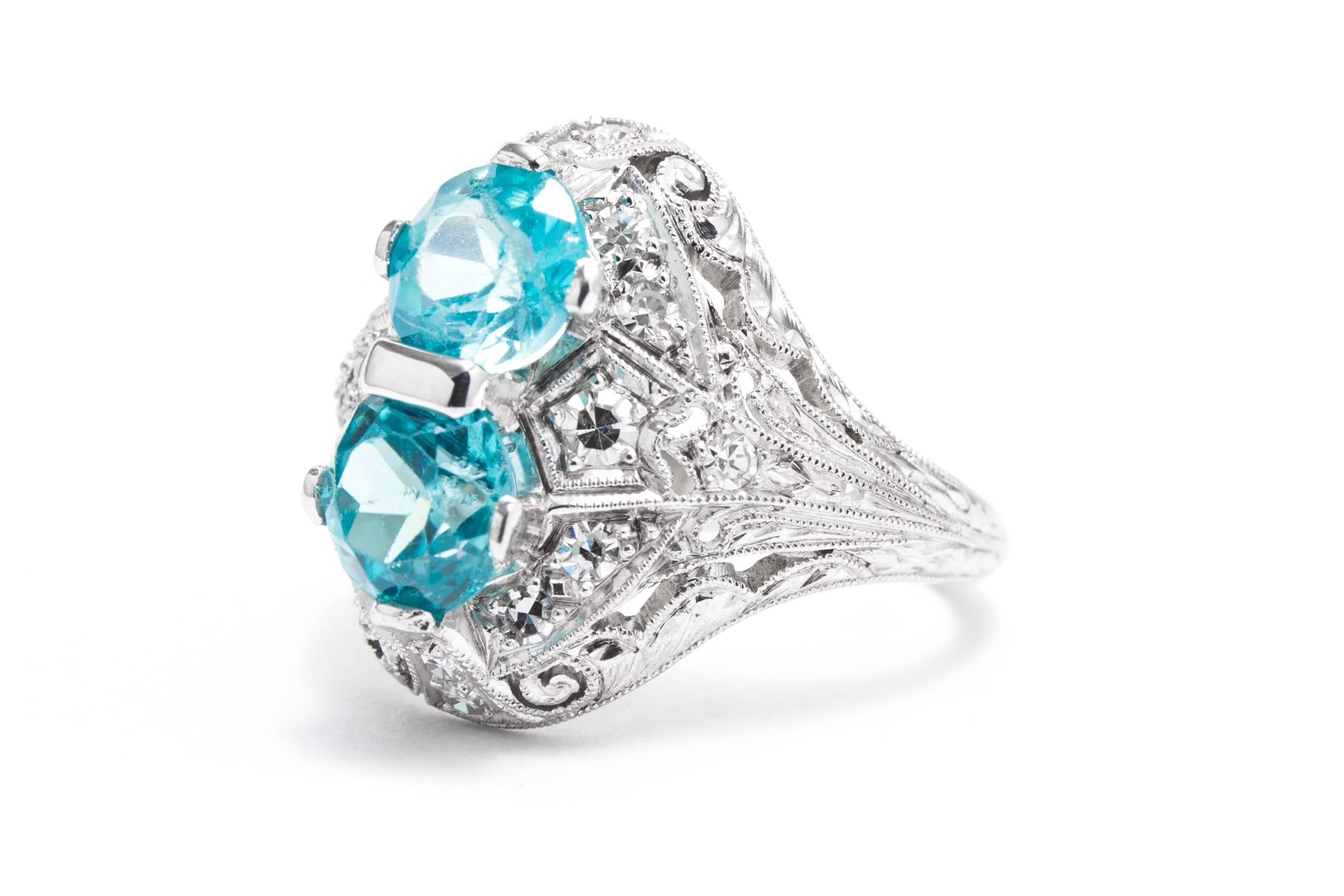 Old European Cut Art Deco Blue Zircon Diamond Hand Engraved Platinum Ring  For Sale