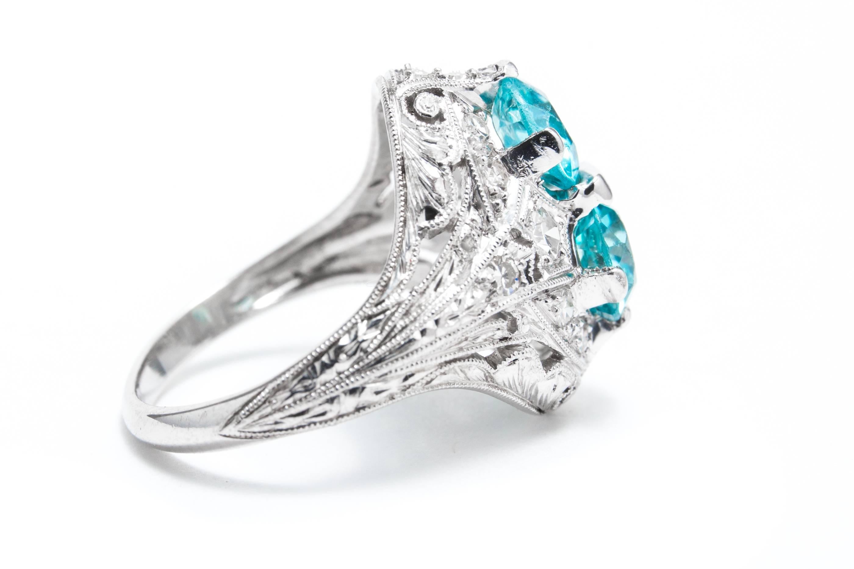 Art Deco Blue Zircon Diamond Hand Engraved Platinum Ring  In Excellent Condition For Sale In Boston, MA
