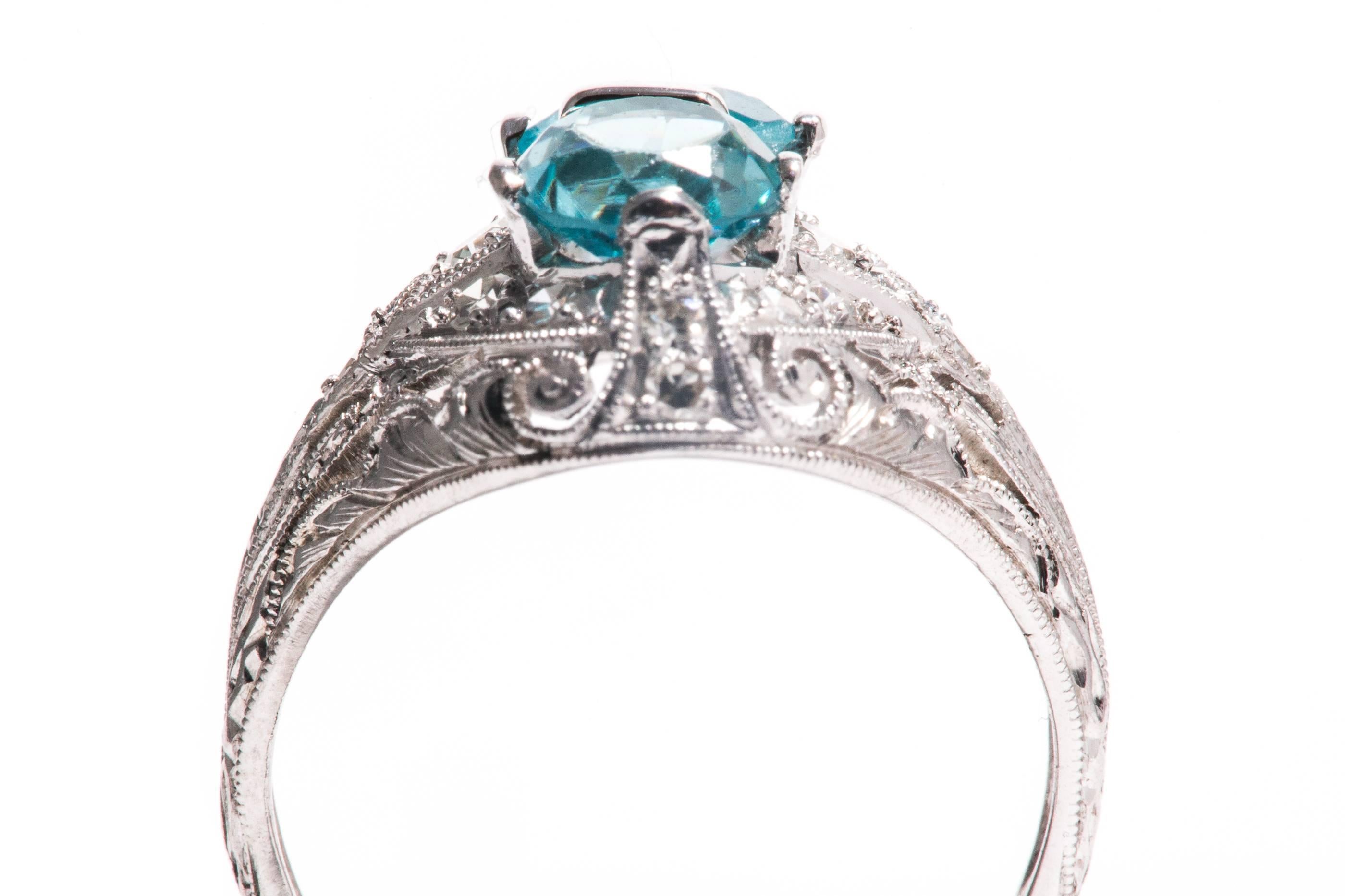 Women's Art Deco Blue Zircon Diamond Hand Engraved Platinum Ring  For Sale