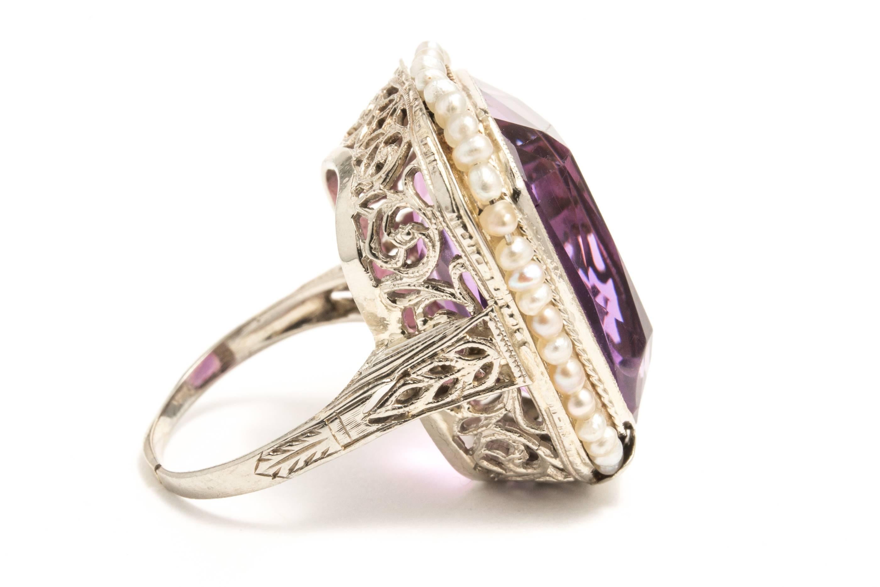 Women's Art Deco Amethyst Pearl White Gold Filigree Ring For Sale