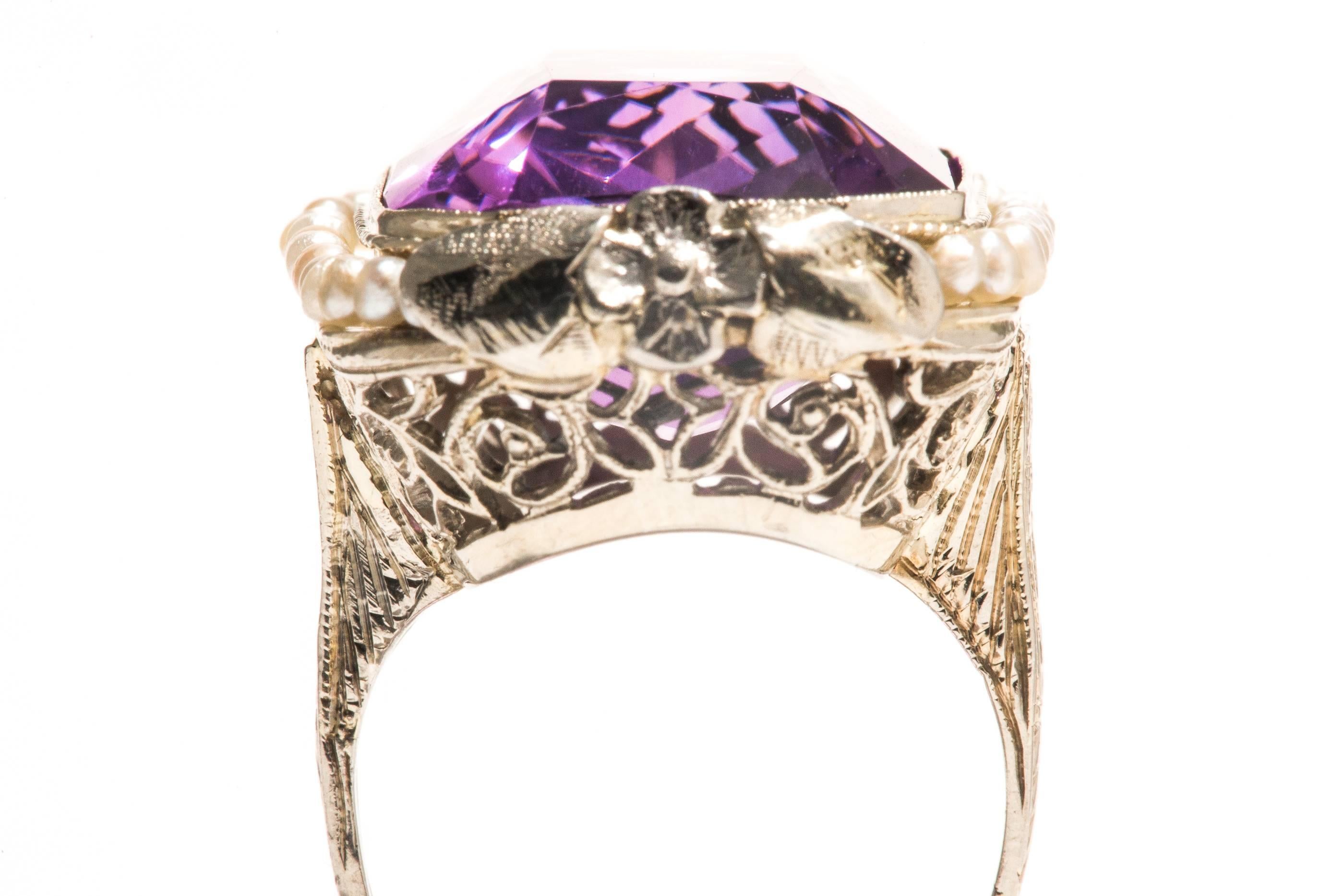 Art Deco Amethyst Pearl White Gold Filigree Ring For Sale 1