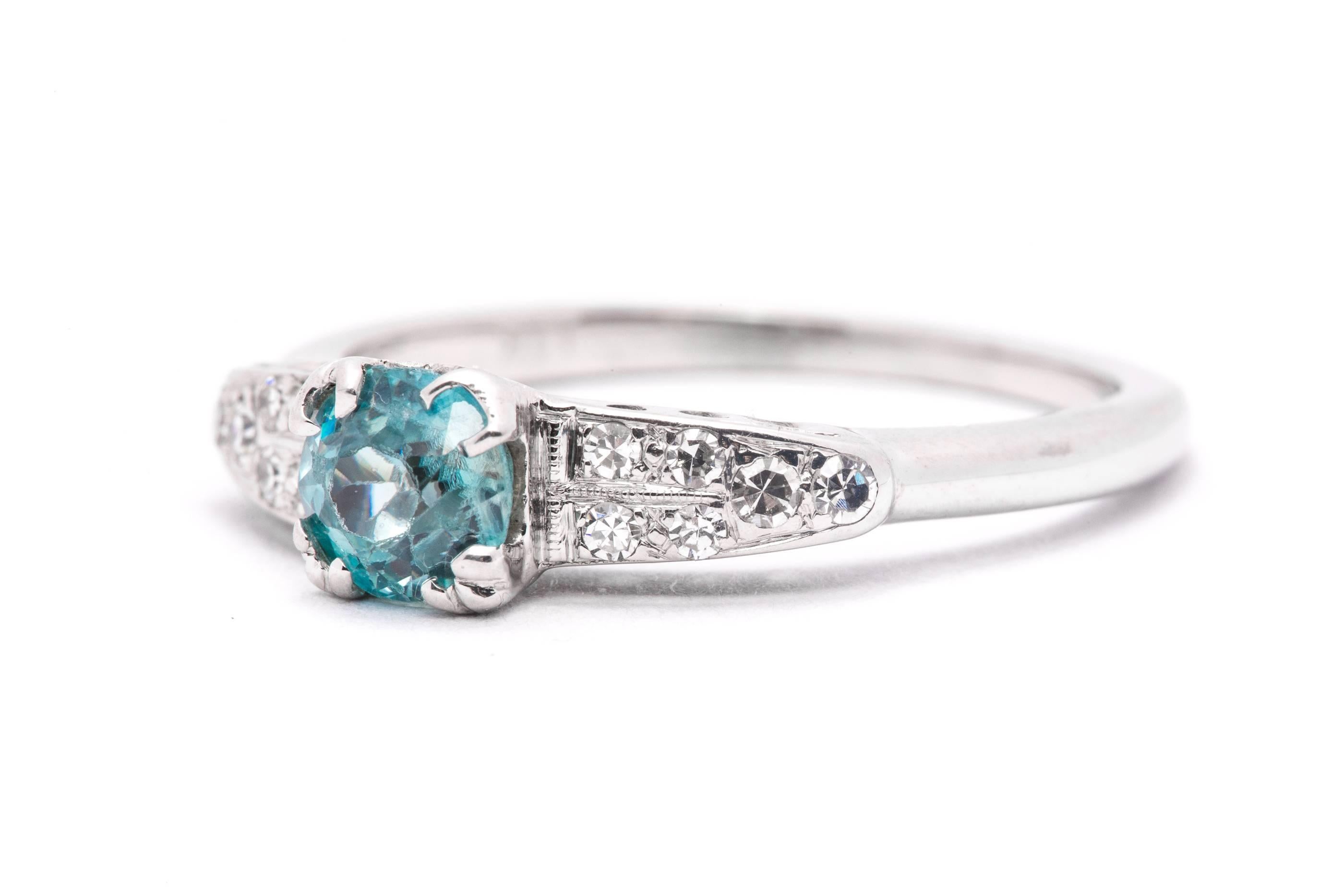 Old European Cut Art Deco Blue Zircon Diamond White Gold Ring For Sale