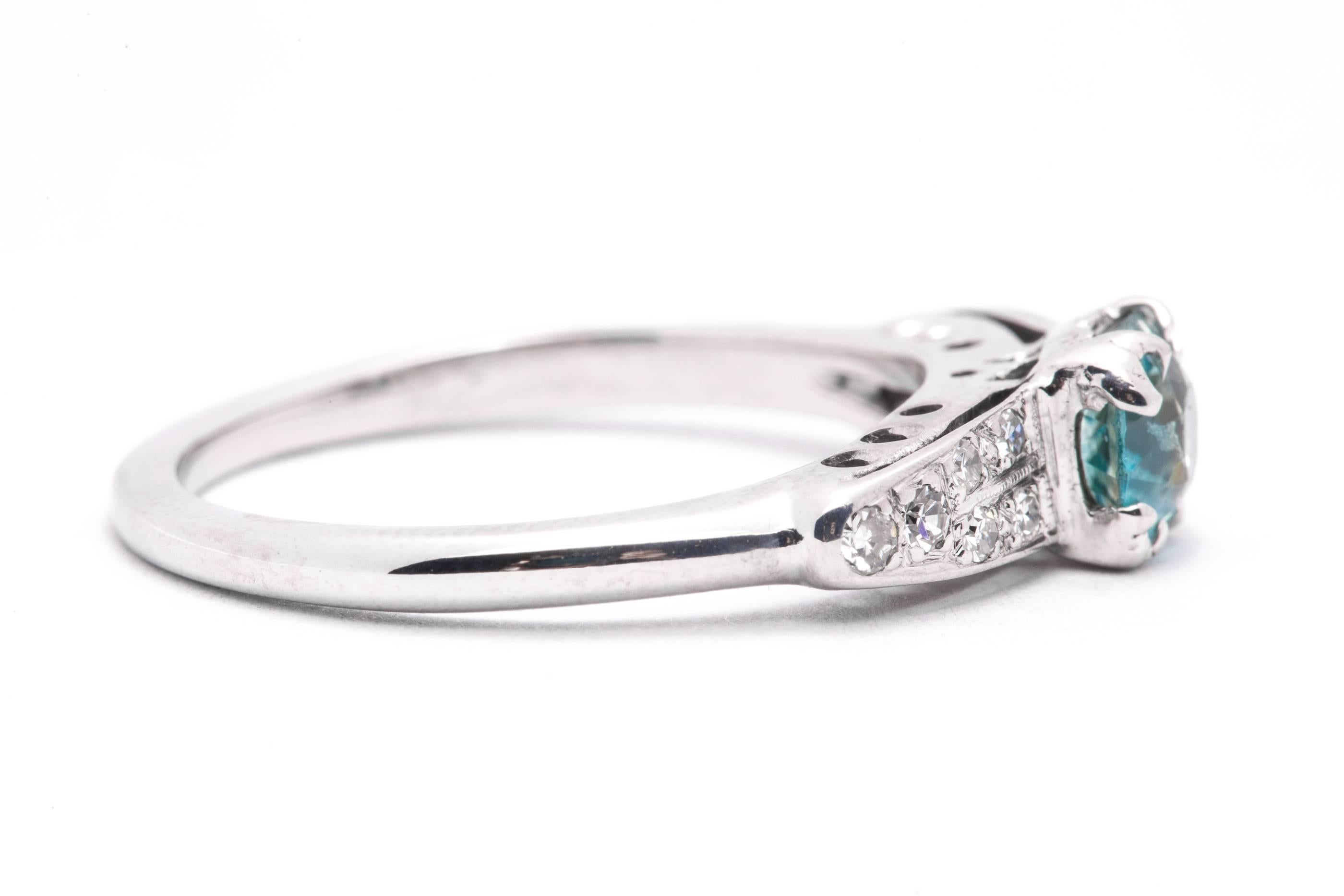 Art Deco Blue Zircon Diamond White Gold Ring In Excellent Condition For Sale In Boston, MA