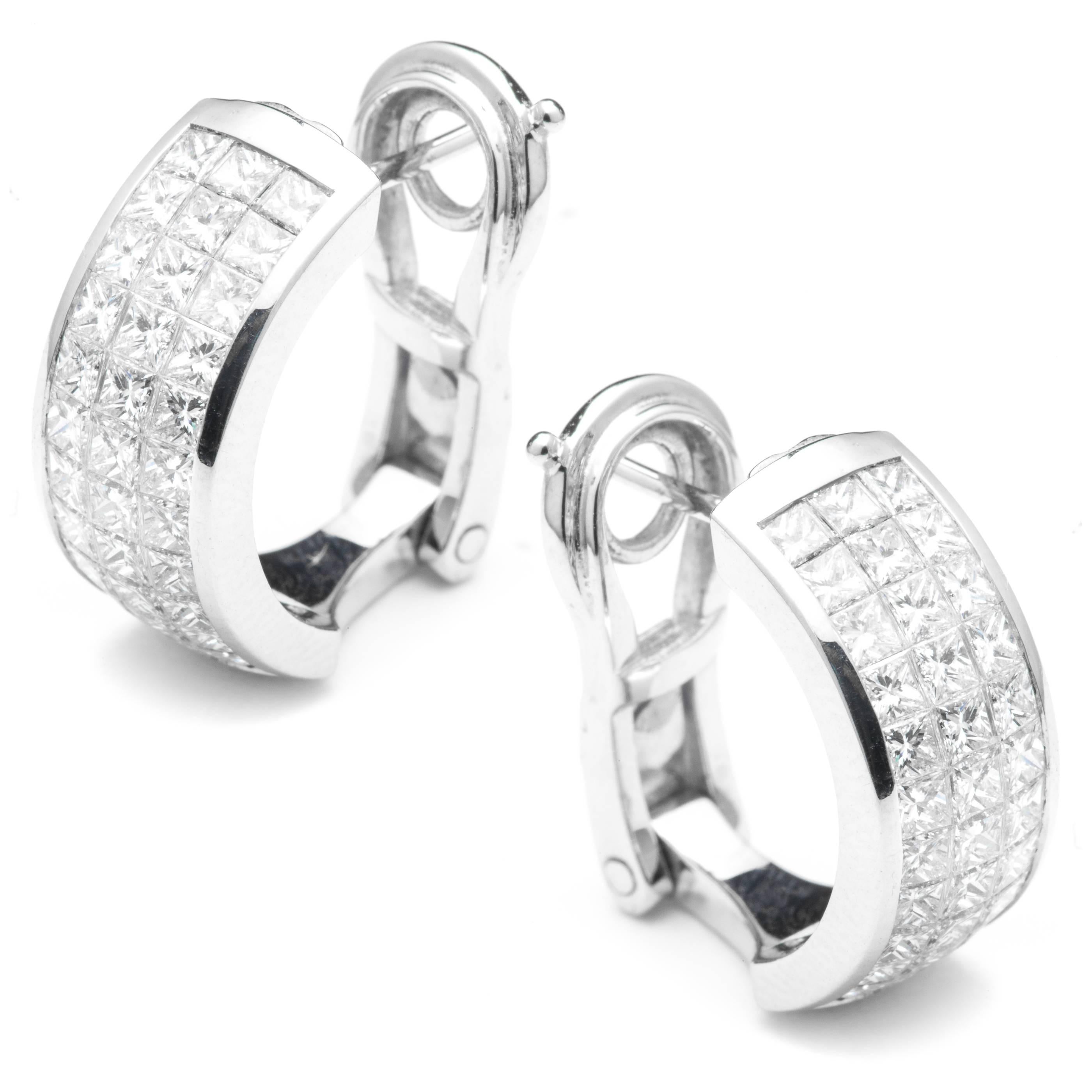 Women's Invisible Set 3.96 Carat Princess Cut Diamond Huggie Earrings