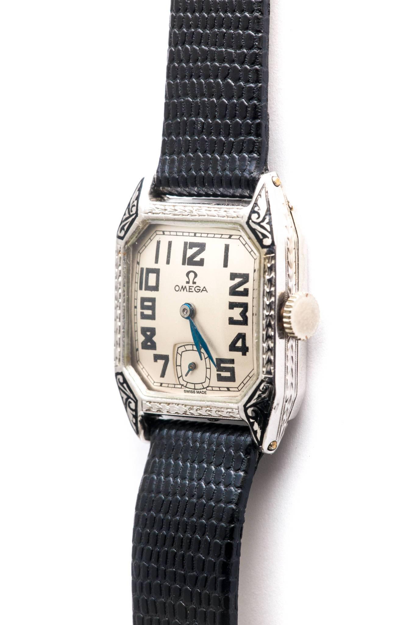 Men's Omega White Gold Enamel Art Deco Wristwatch