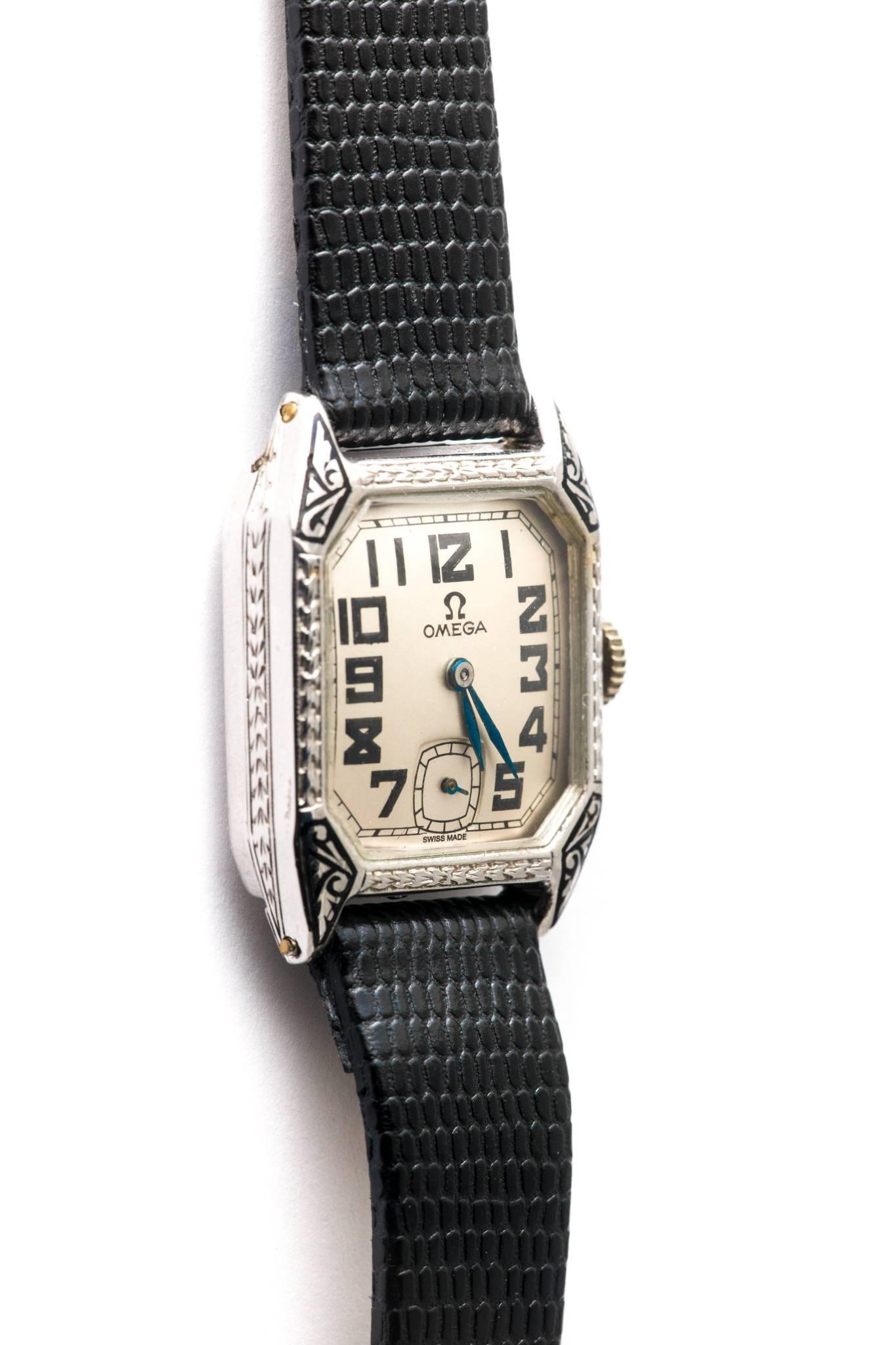 Omega White Gold Enamel Art Deco Wristwatch In Excellent Condition In Boston, MA