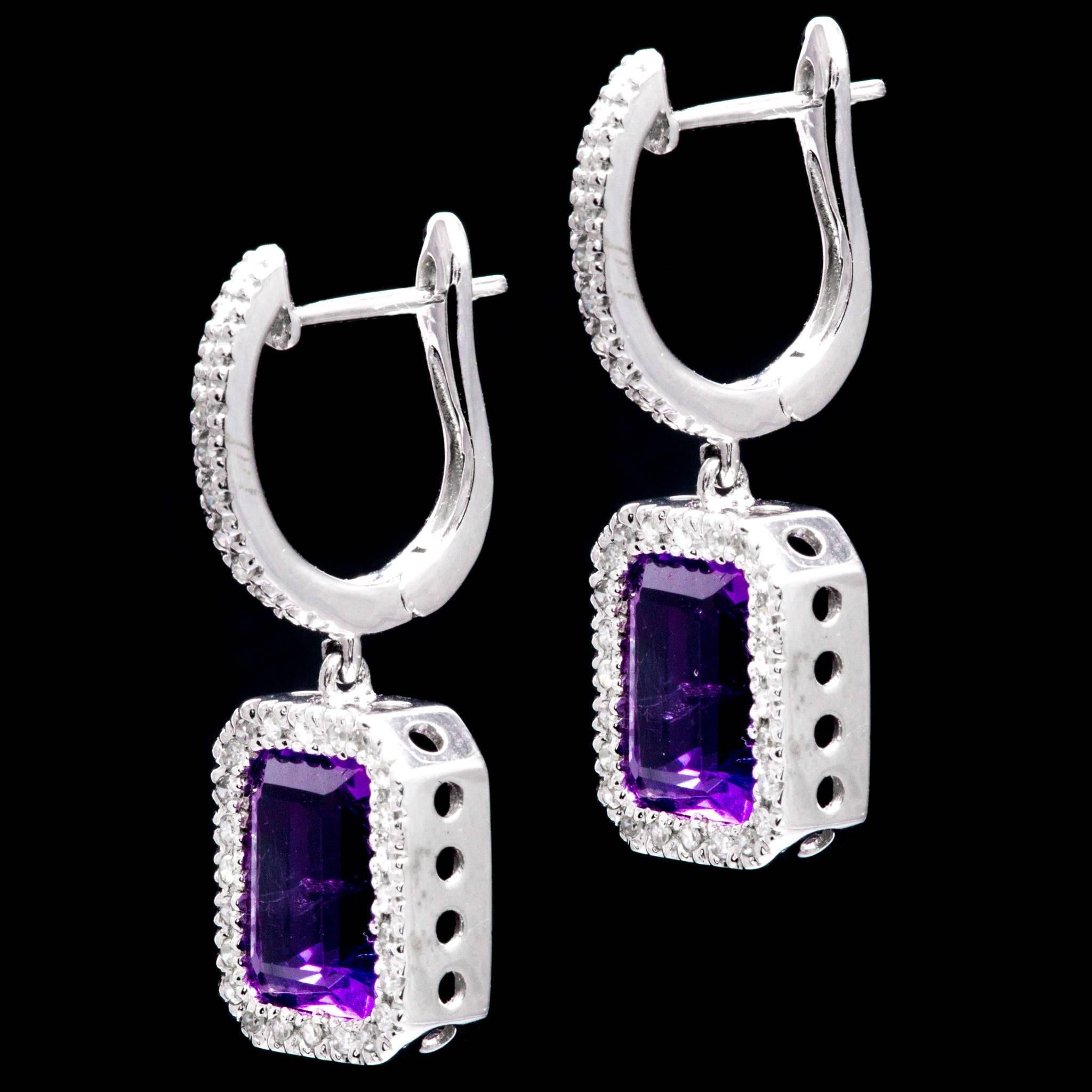 Amethyst Diamond Halo Dangle Earrings In Excellent Condition In Boston, MA