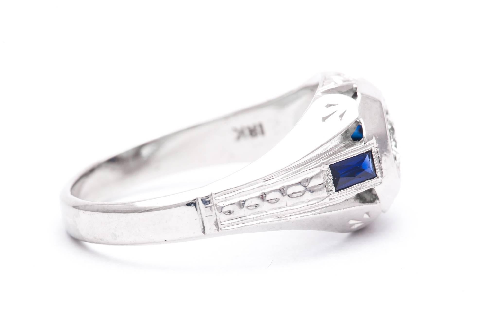 French Cut Art Deco Mens Diamond and Sapphire Ring in 18 Karat White Gold For Sale