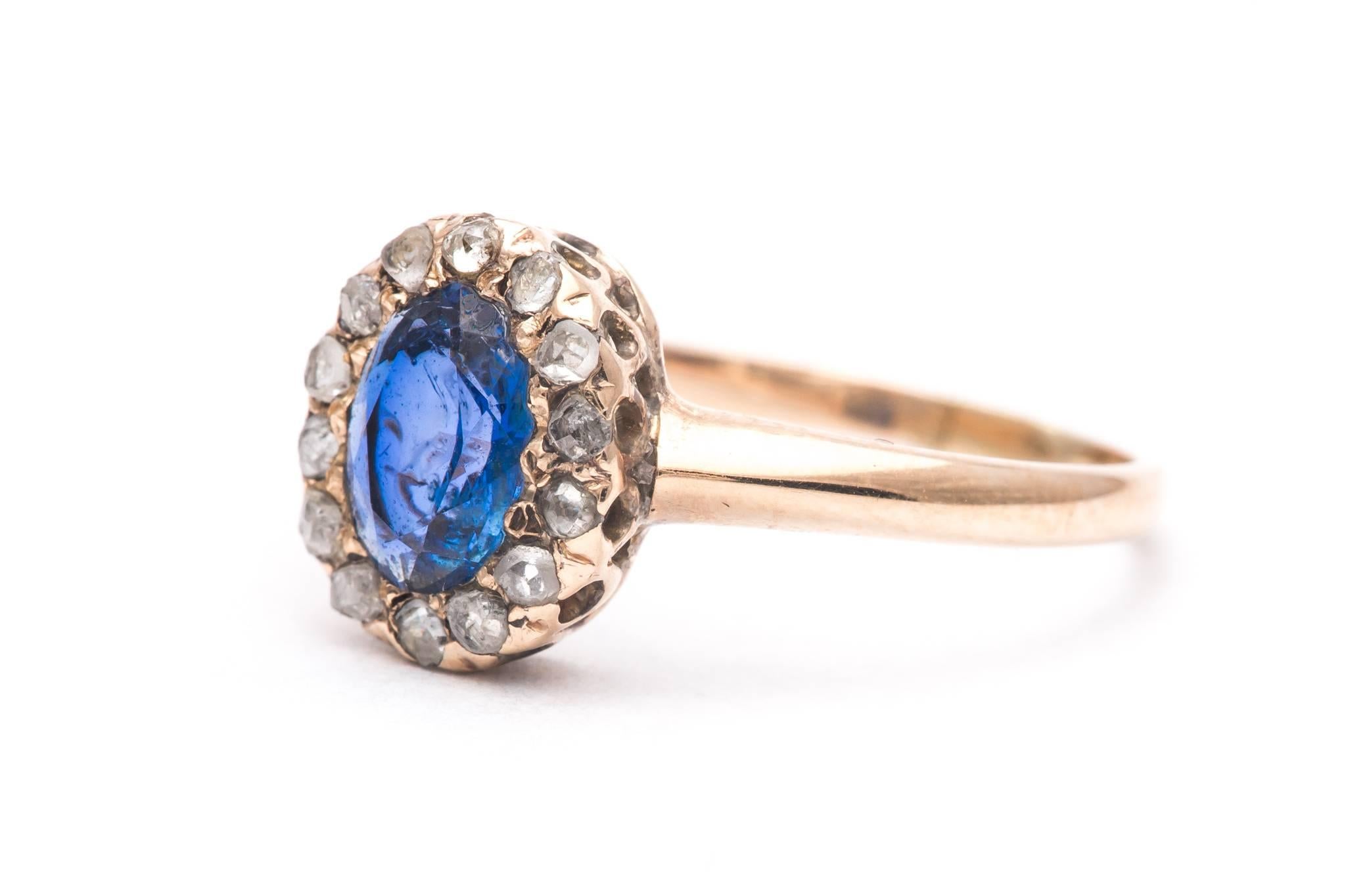 Victorian Sapphire and Rose Cut Diamond Ring in Yellow Gold In Excellent Condition For Sale In Boston, MA