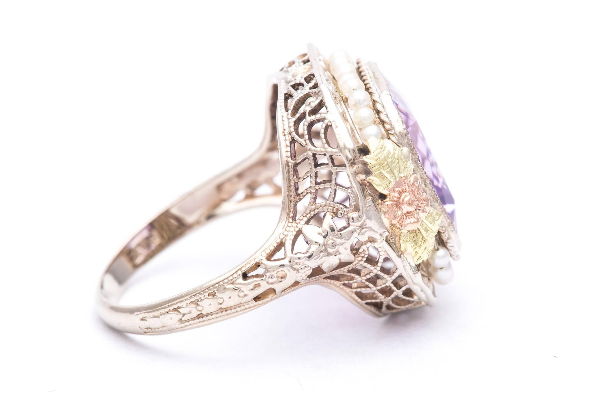 Women's Art Deco Floral Tri Color Gold Amethyst and Pearl Ring For Sale