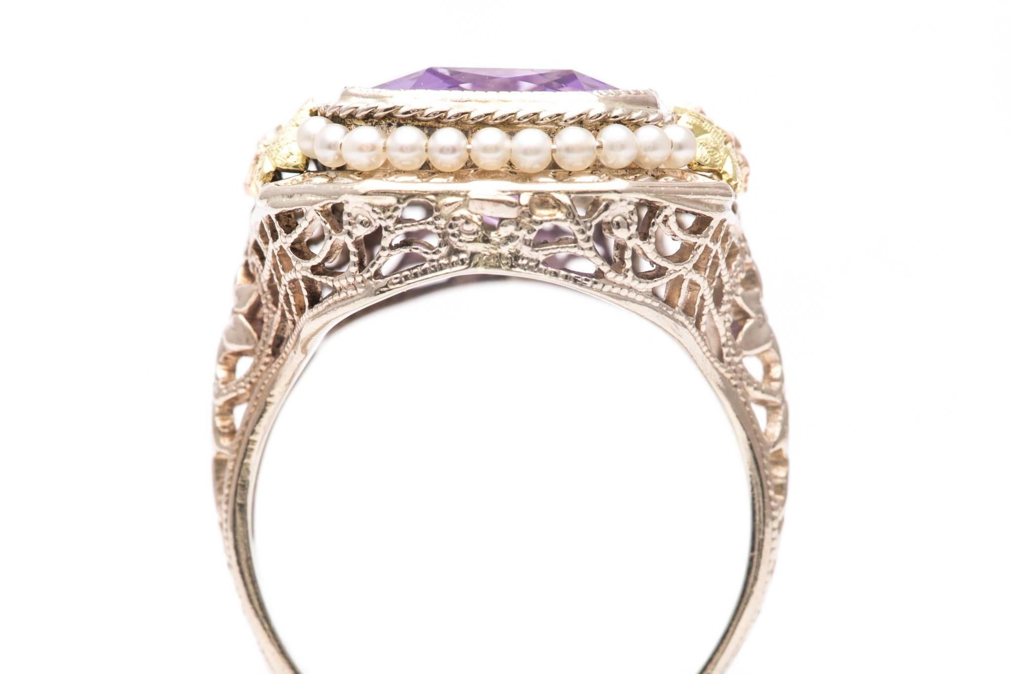 Art Deco Floral Tri Color Gold Amethyst and Pearl Ring For Sale 1