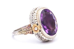 Art Deco Flora Amethyst and Pearl Ring in Yellow, White Gold