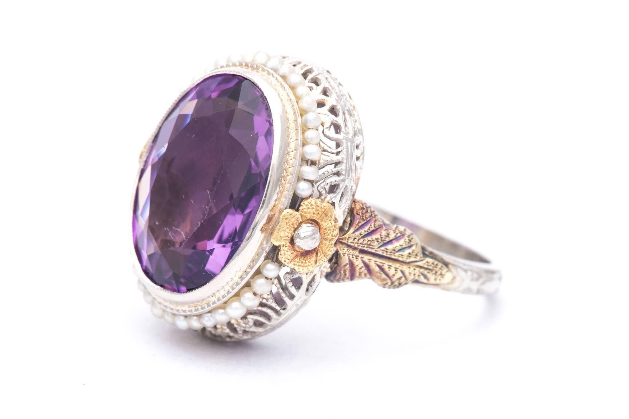 Oval Cut Art Deco Flora Amethyst and Pearl Ring in Yellow, White Gold For Sale