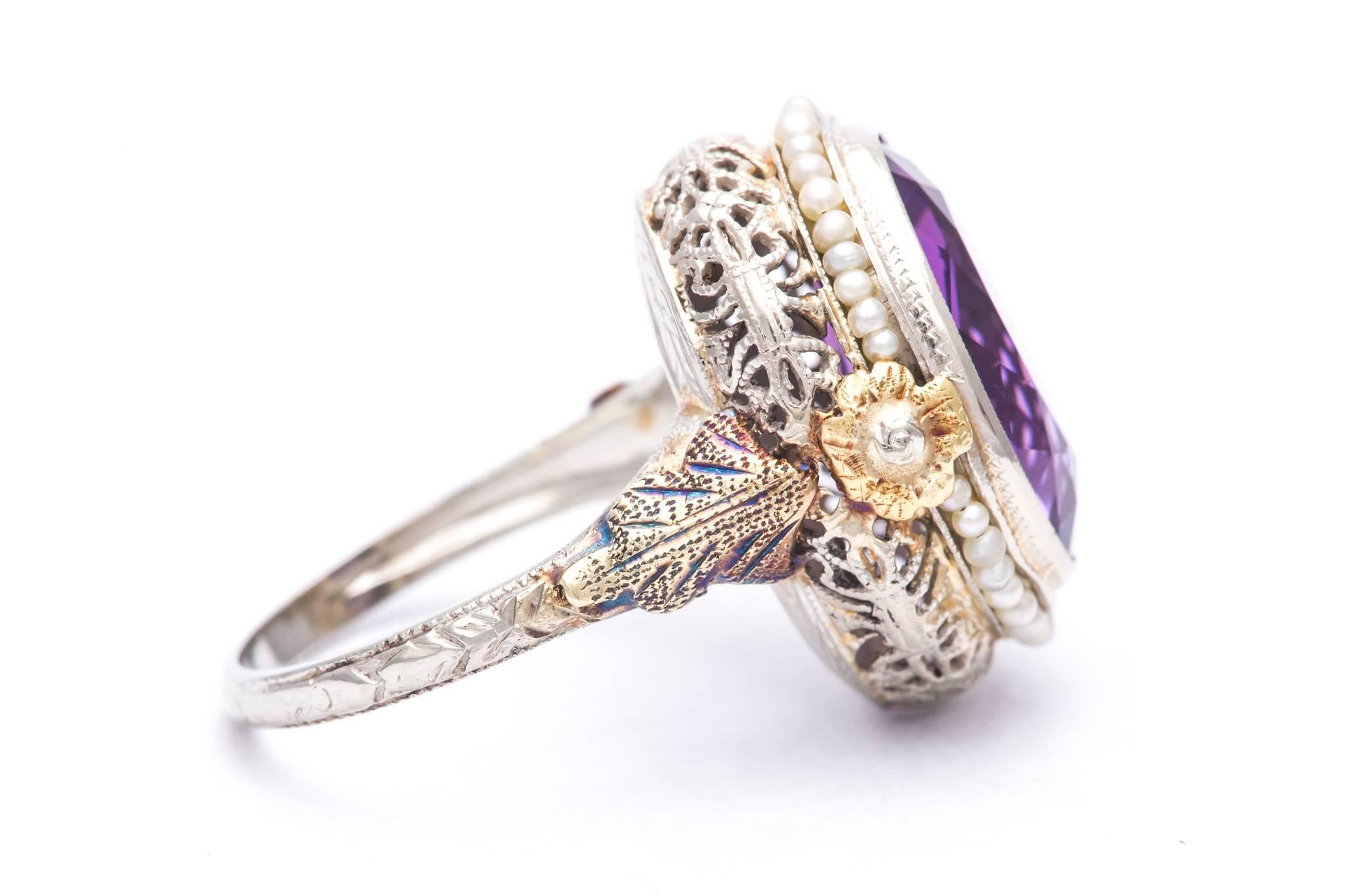 Art Deco Flora Amethyst and Pearl Ring in Yellow, White Gold In Excellent Condition For Sale In Boston, MA