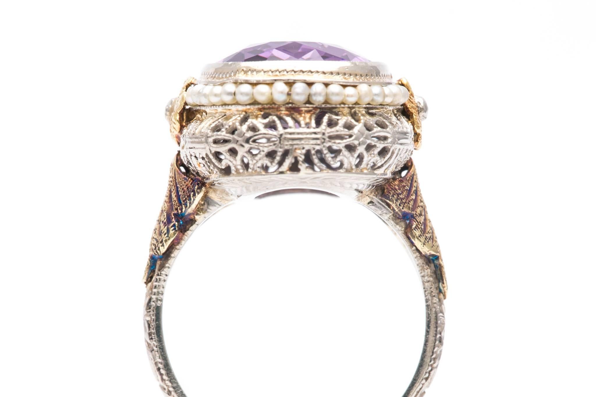 Women's Art Deco Flora Amethyst and Pearl Ring in Yellow, White Gold For Sale