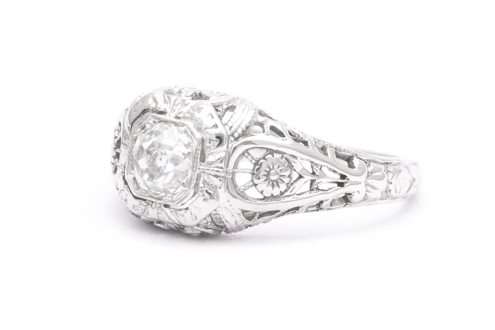 Floral Art Deco Diamond Solitaire Engagement Ring In Excellent Condition For Sale In Boston, MA