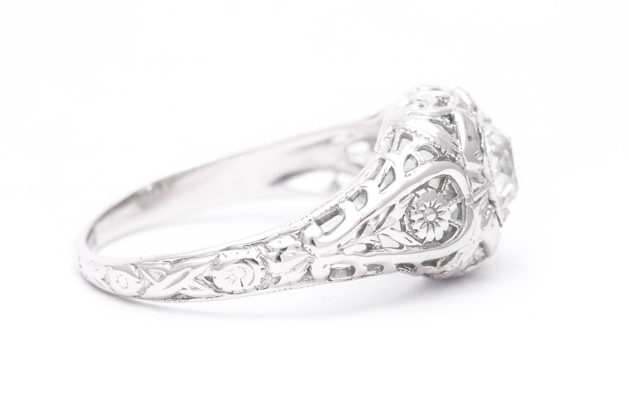 Women's Floral Art Deco Diamond Solitaire Engagement Ring For Sale