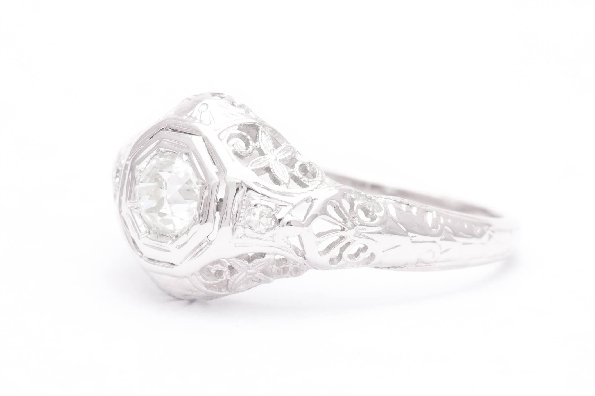 Old European Cut Filigree Art Deco Diamond Engagement Ring in 18 Karat White Gold For Sale