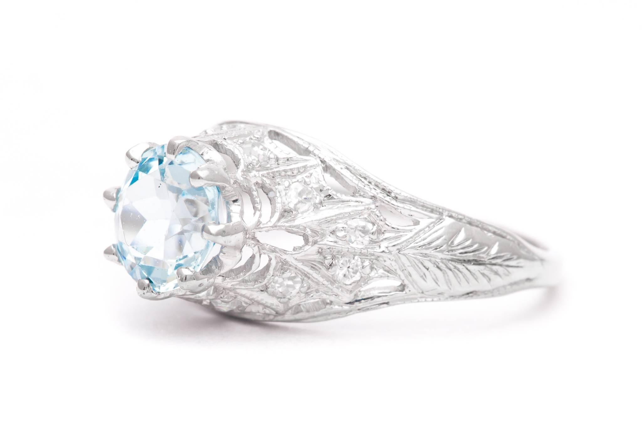 Old European Cut Art Deco Aquamarine and Diamond Filigree Ring in Platinum For Sale
