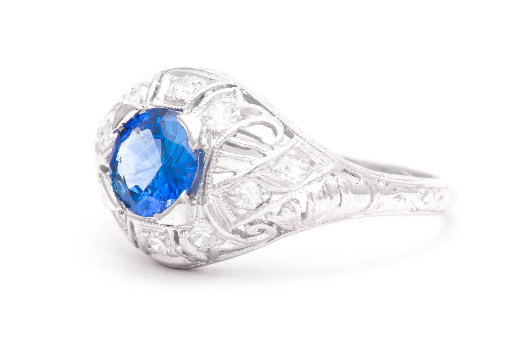 Old European Cut Art Deco Sapphire and Diamond Filigree Ring in Platinum For Sale