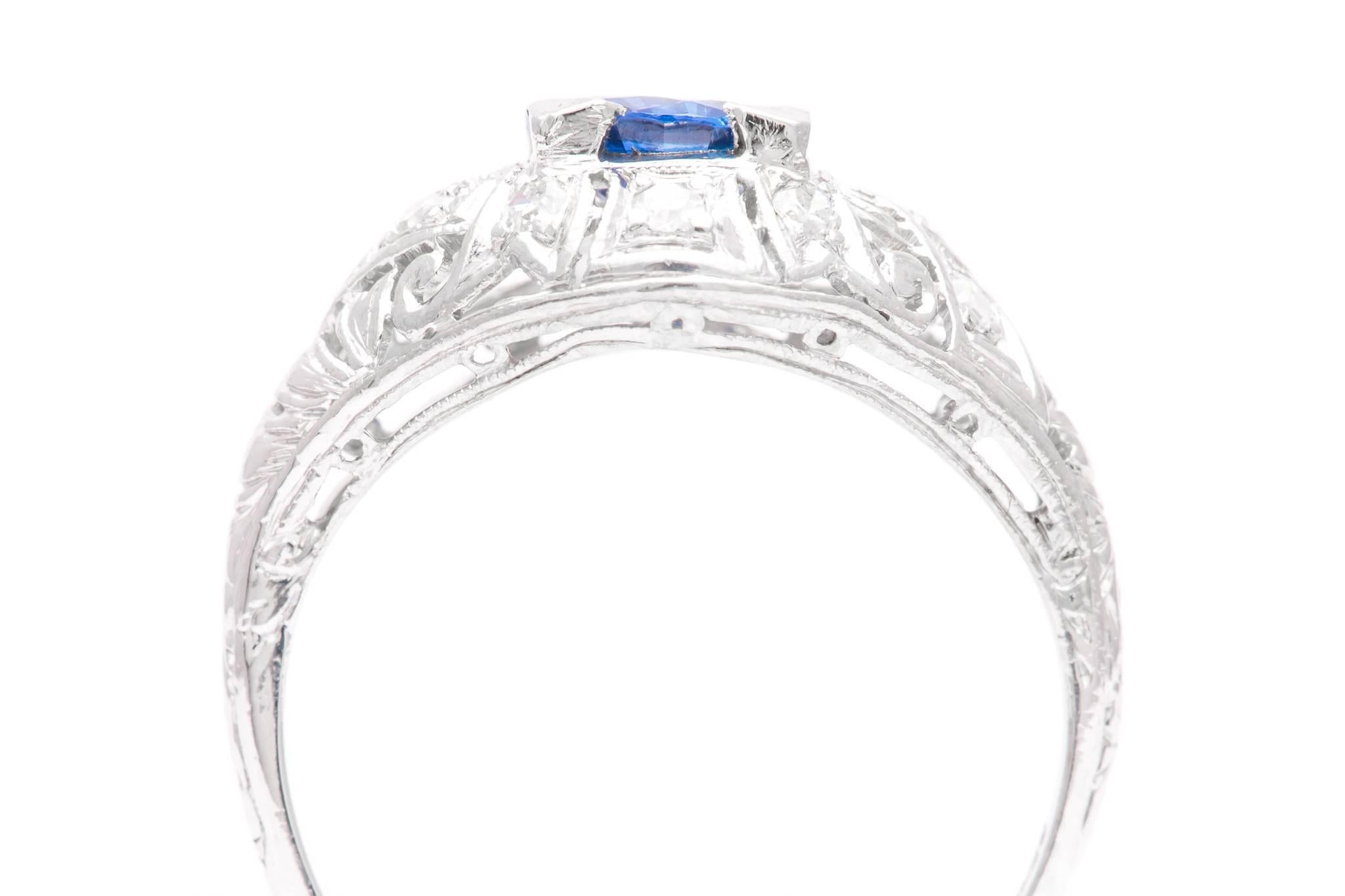 Women's Art Deco Sapphire and Diamond Filigree Ring in Platinum For Sale