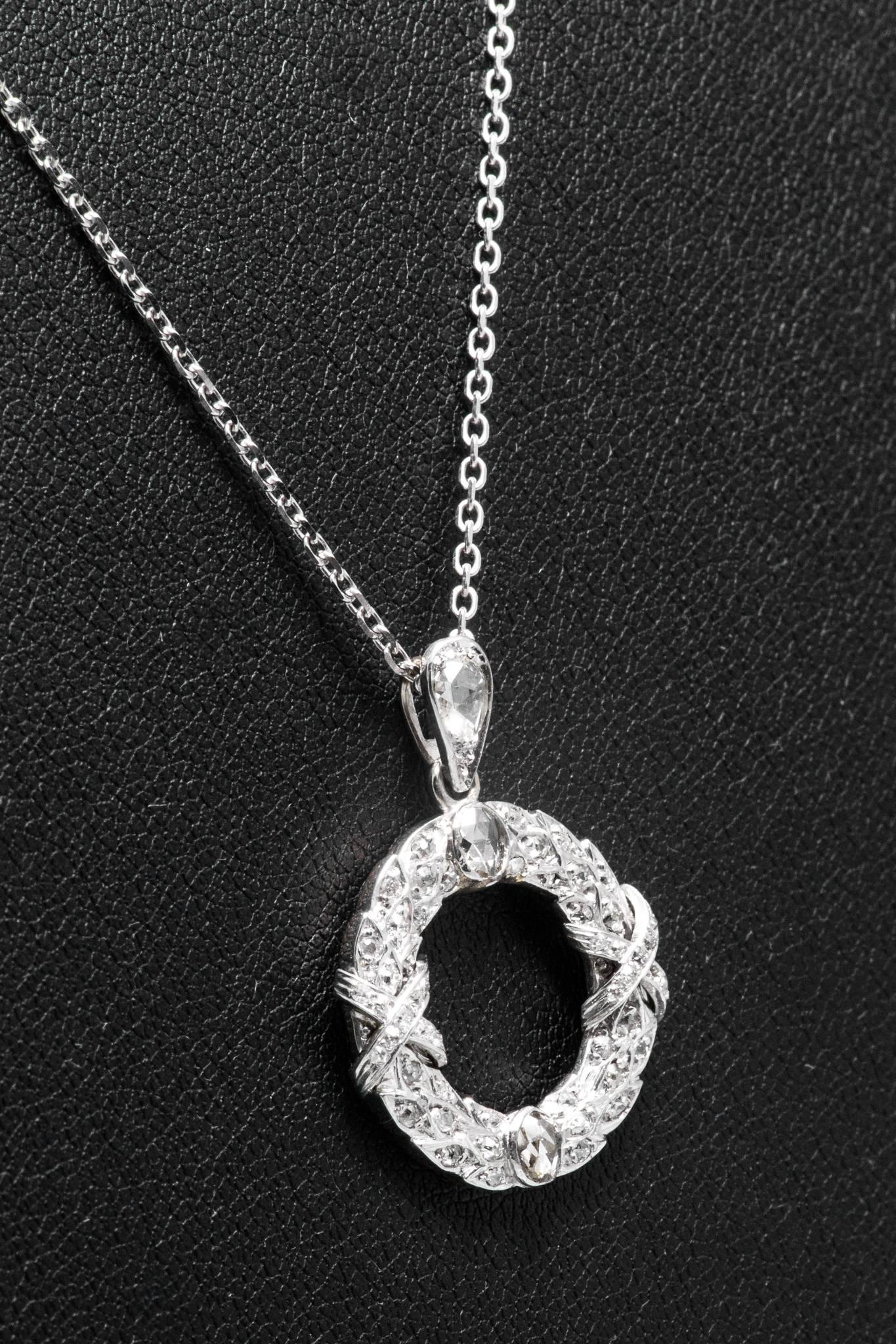 Edwardian Rose Cut Diamond Wreath Pendant in Platinum In Excellent Condition For Sale In Boston, MA
