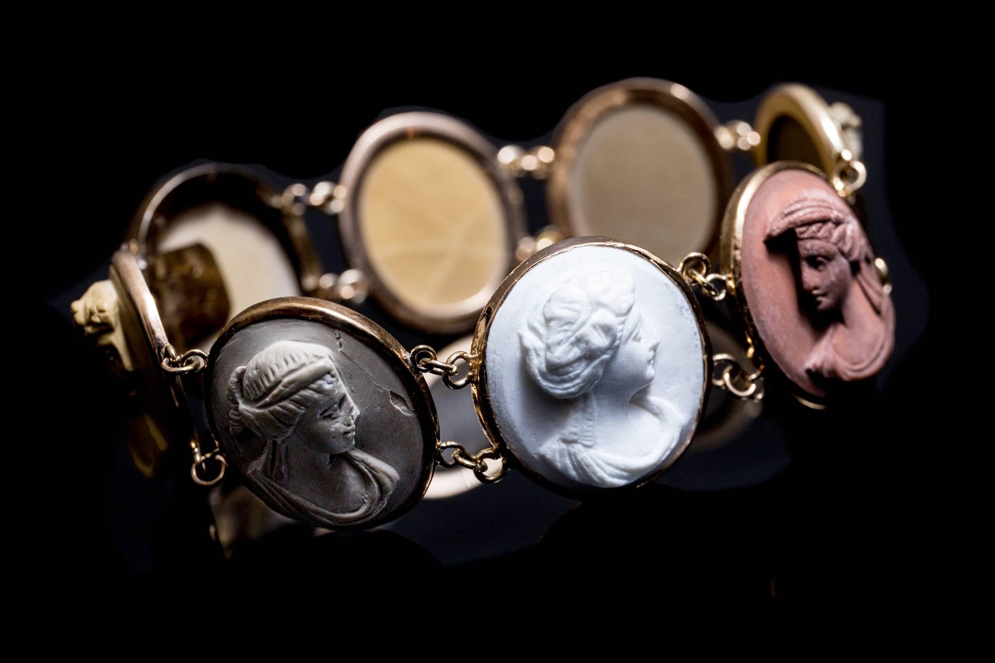Women's Victorian Lava Cameo Link Bracelet in Yellow Gold For Sale