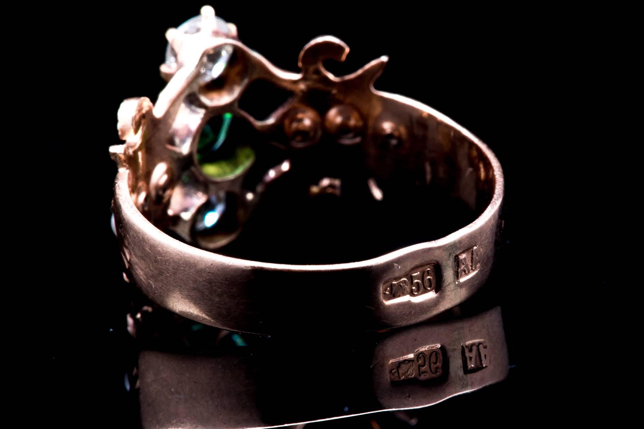 Russian Victorian Demantoid Garnet and Diamond Ring in Gold 1