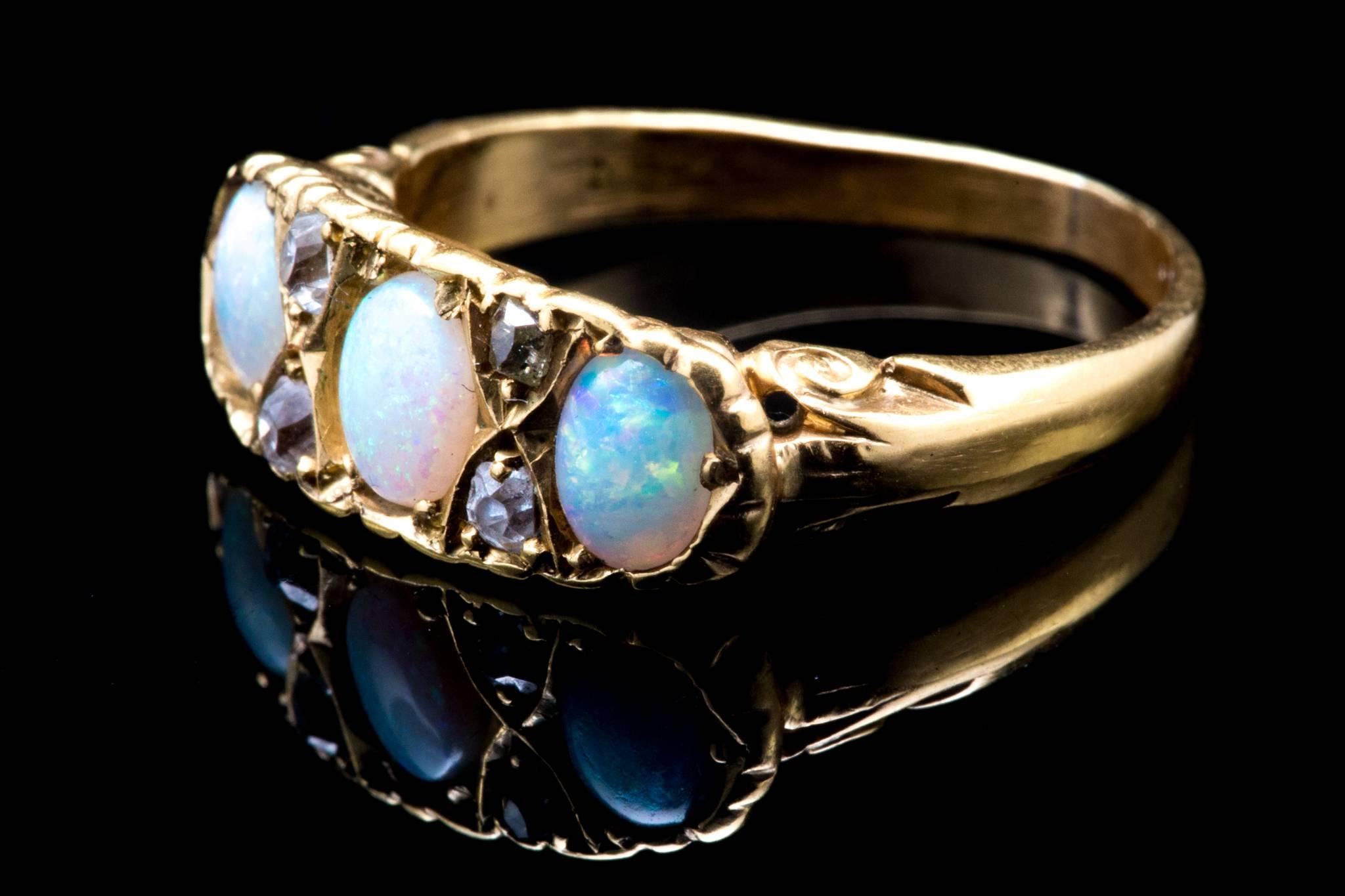 Victorian Opal and Mine Cut Diamond Ring in 18 Karat Yellow Gold In Excellent Condition For Sale In Boston, MA