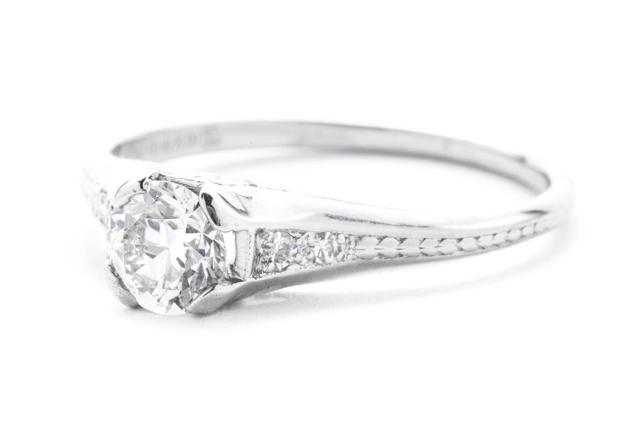 Old European Cut Art Deco Hand Engraved 0.70 Carat Diamond Engagement Ring in Platinum For Sale
