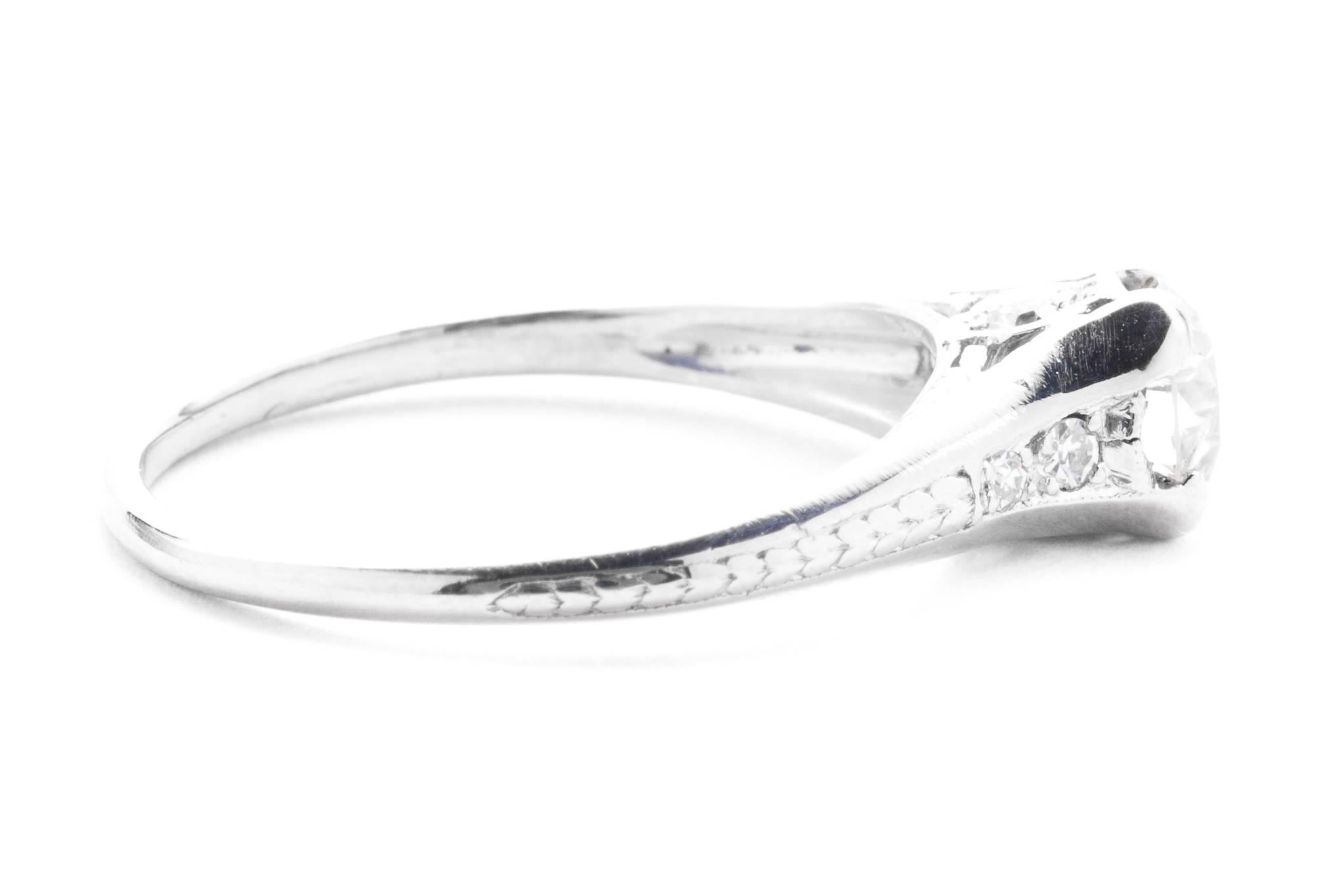 Art Deco Hand Engraved 0.70 Carat Diamond Engagement Ring in Platinum In Excellent Condition For Sale In Boston, MA