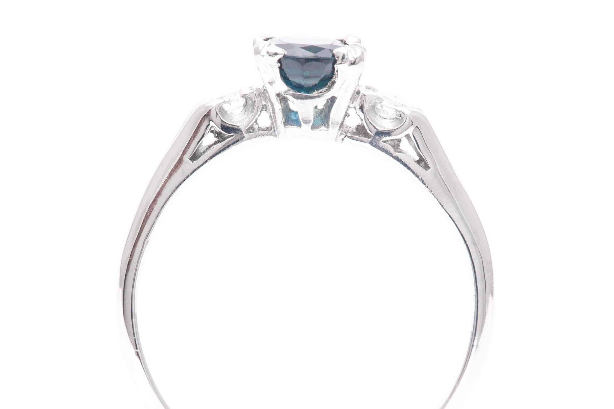 Women's Midcentury Sapphire and Diamond Three-Stone Ring in Platinum For Sale