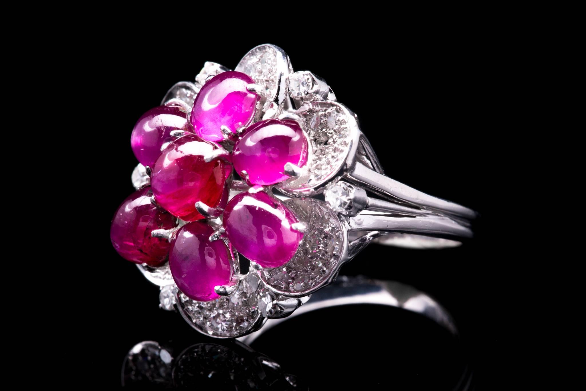 Midcentury Retro Ruby and Diamond Flower Ring in Platinum In Excellent Condition In Boston, MA