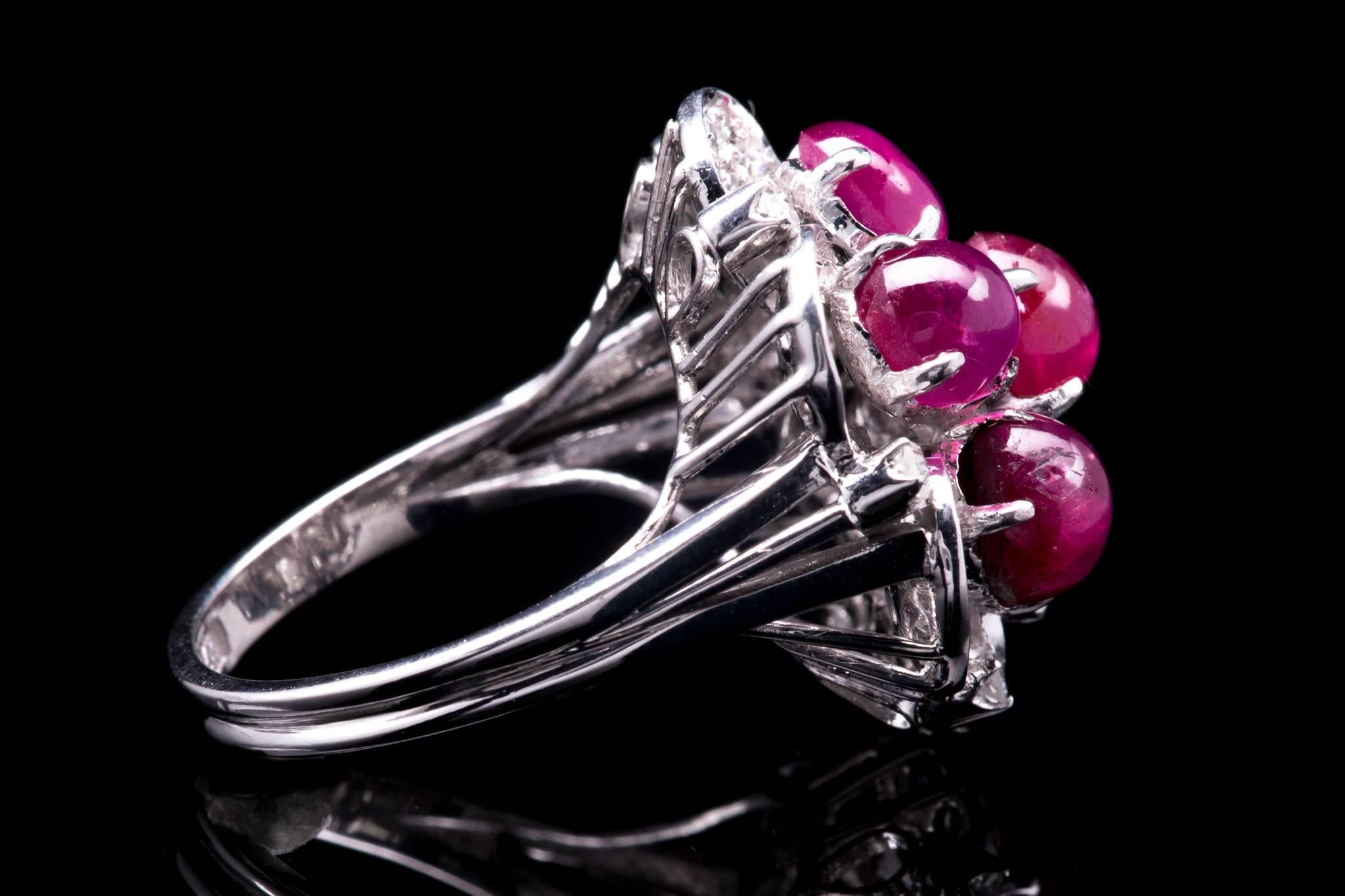 Women's Midcentury Retro Ruby and Diamond Flower Ring in Platinum