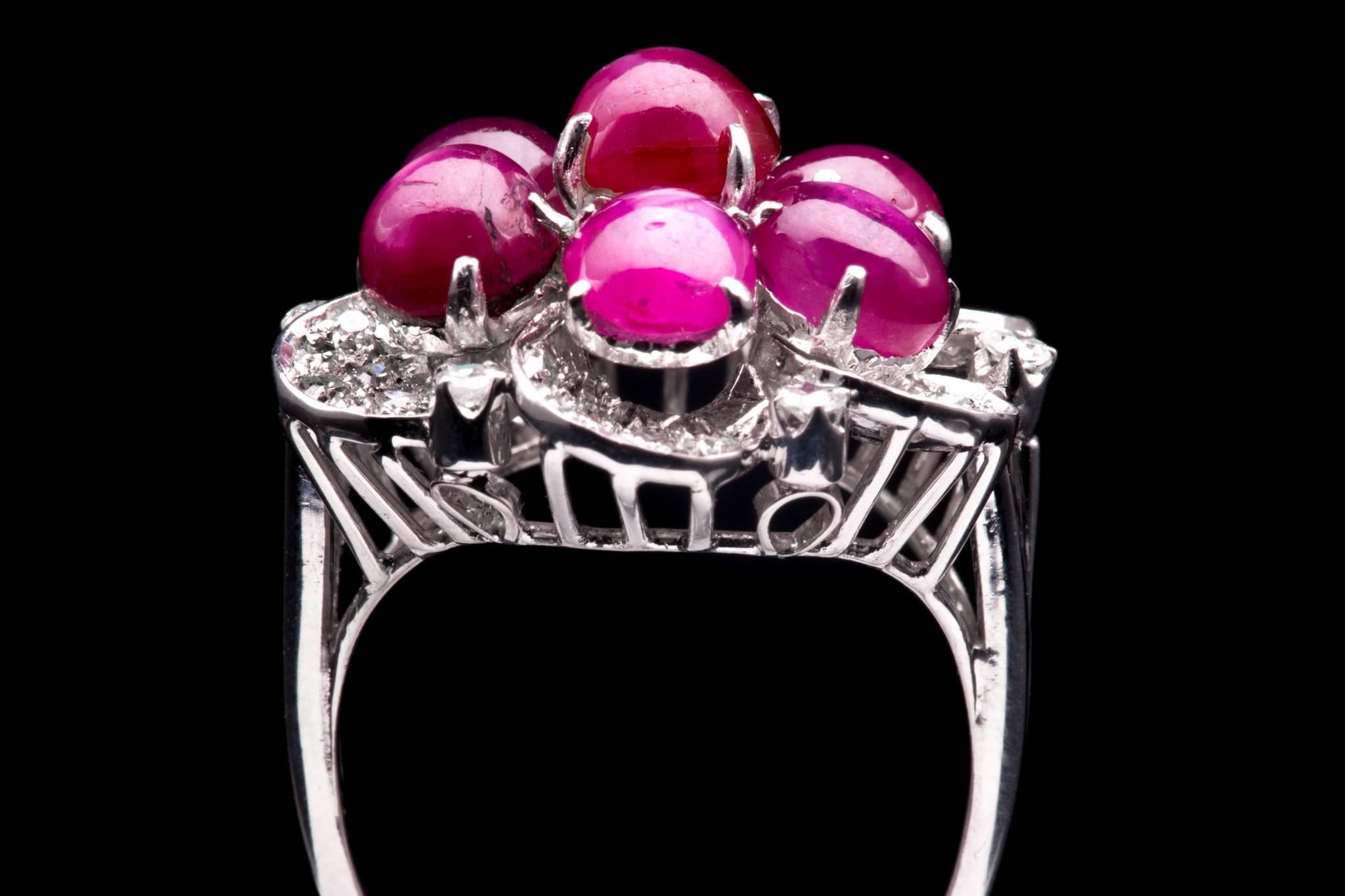 Midcentury Retro Ruby and Diamond Flower Ring in Platinum 1