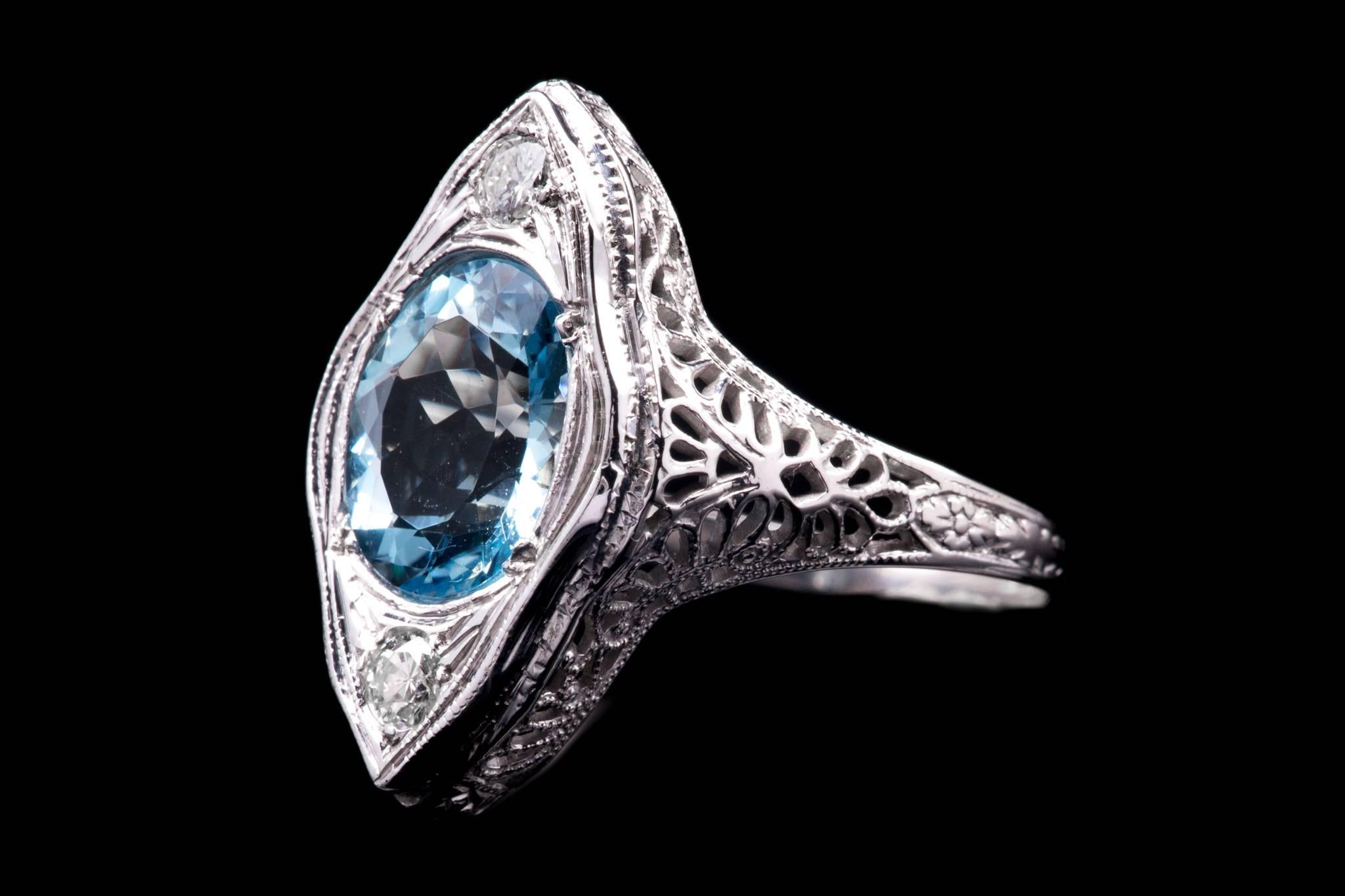 Women's Art Deco Aquamarine and Diamond Filigree Ring in 18 Karat White Gold For Sale