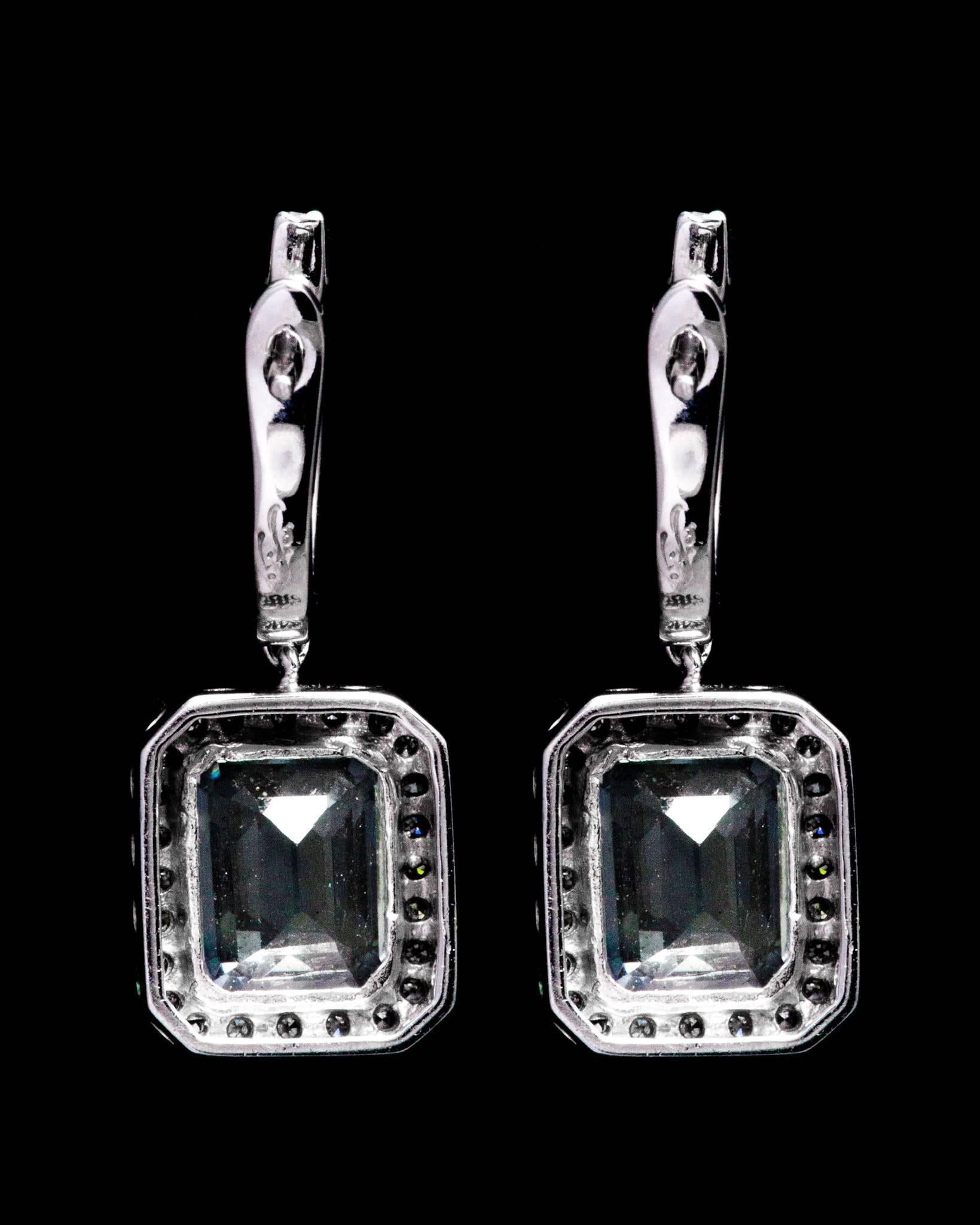 Aquamarine Diamond Halo Dangle Earrings in White Gold For Sale 1